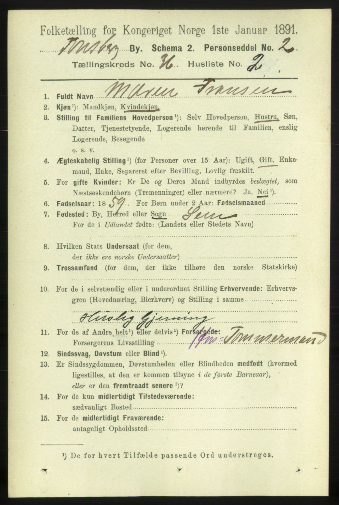 RA, 1891 census for 0705 Tønsberg, 1891, p. 7881