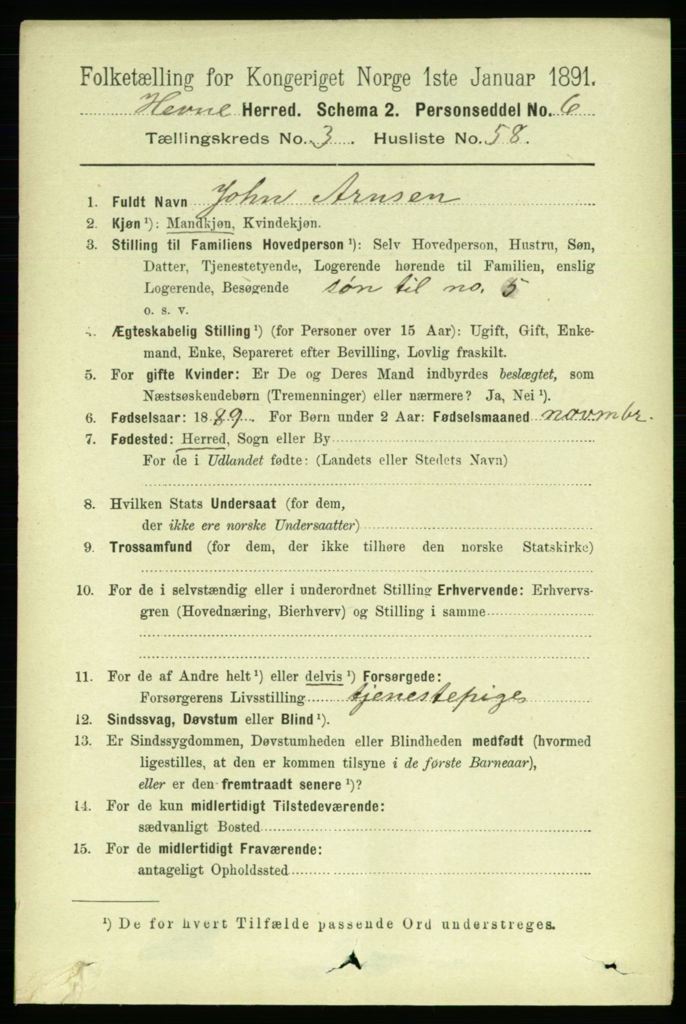 RA, 1891 census for 1612 Hemne, 1891, p. 1782