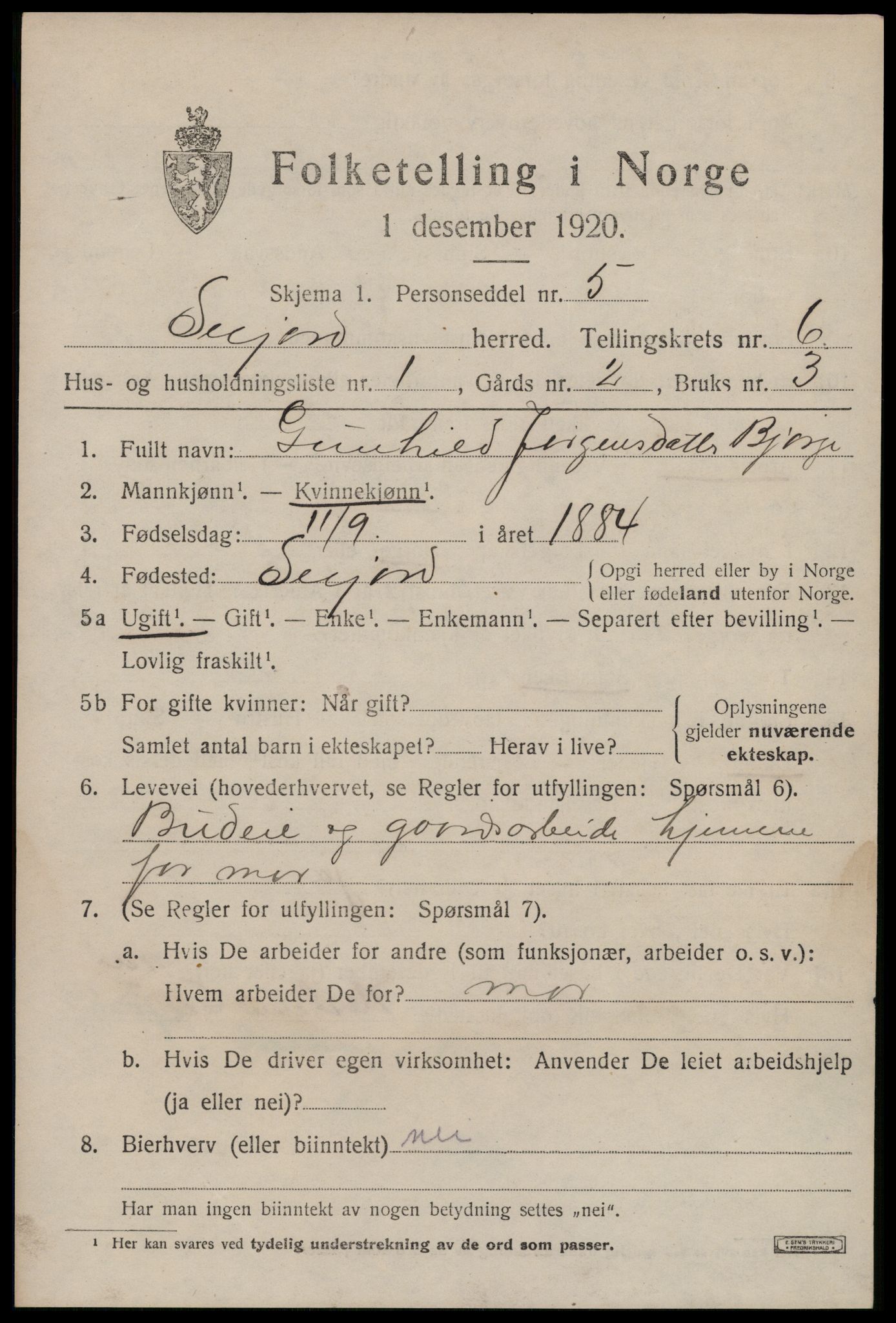 SAKO, 1920 census for Seljord, 1920, p. 2766