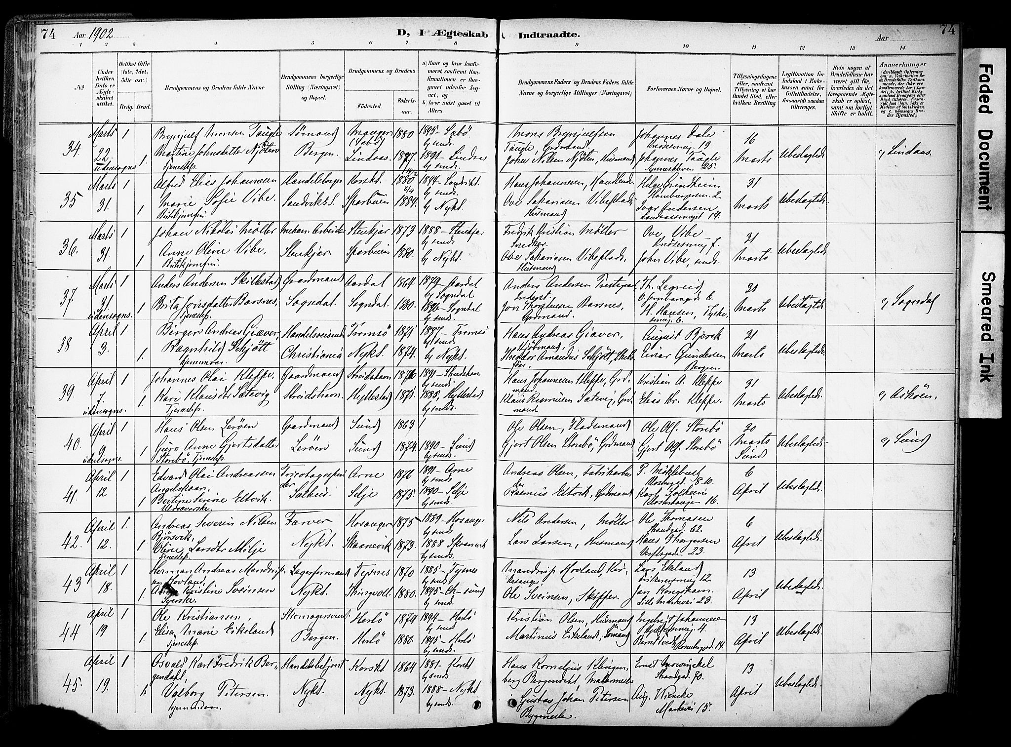 Nykirken Sokneprestembete, AV/SAB-A-77101/H/Haa/L0034: Parish register (official) no. D 4, 1896-1905, p. 74