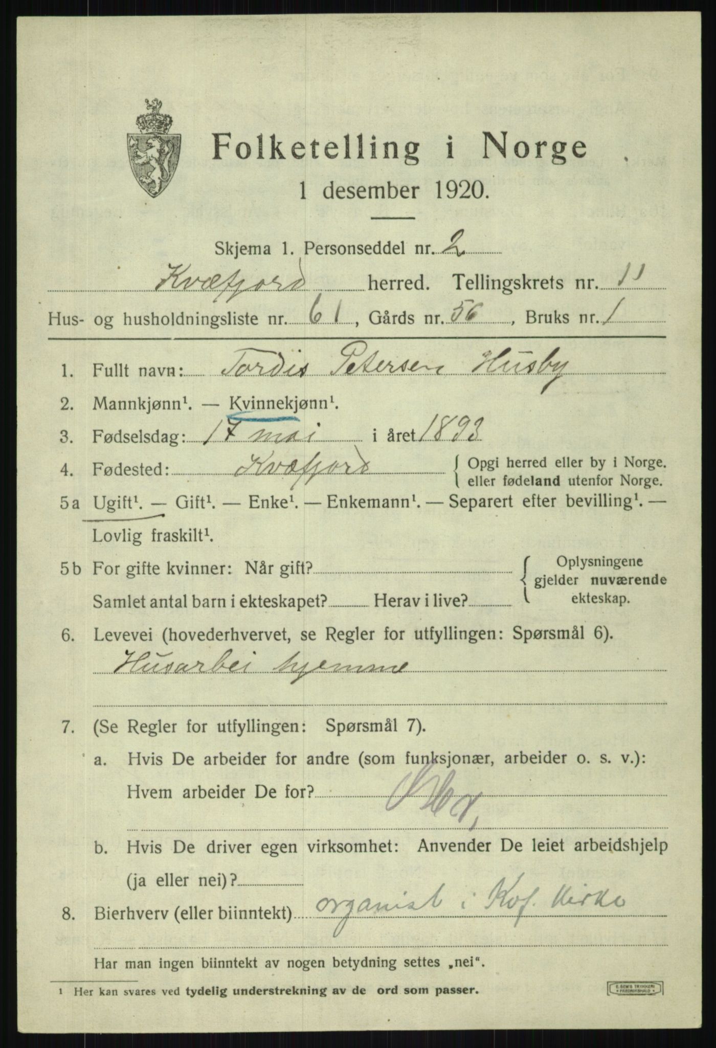 SATØ, 1920 census for Kvæfjord, 1920, p. 5733