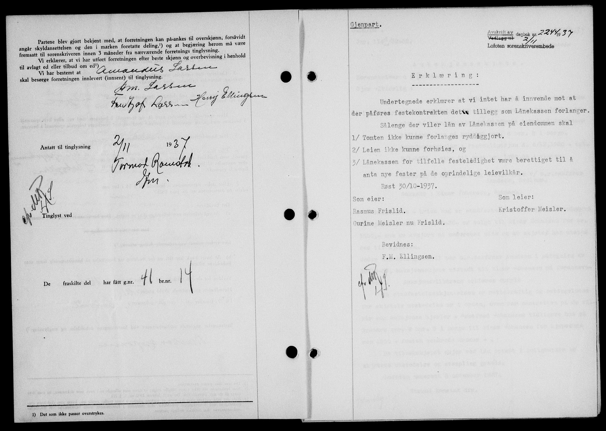 Lofoten sorenskriveri, SAT/A-0017/1/2/2C/L0003a: Mortgage book no. 3a, 1937-1938, Diary no: : 2244/1937