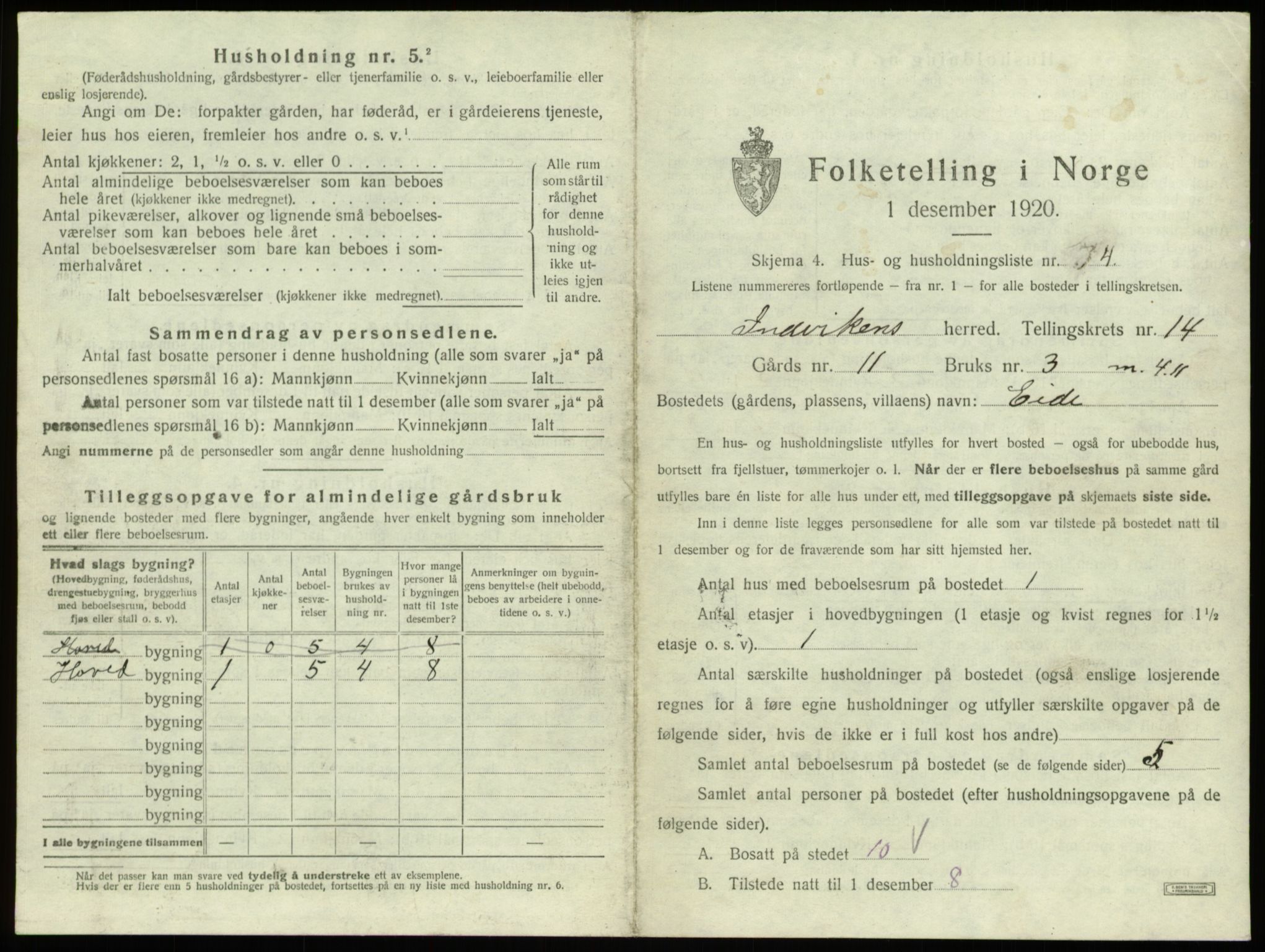 SAB, 1920 census for Innvik, 1920, p. 868