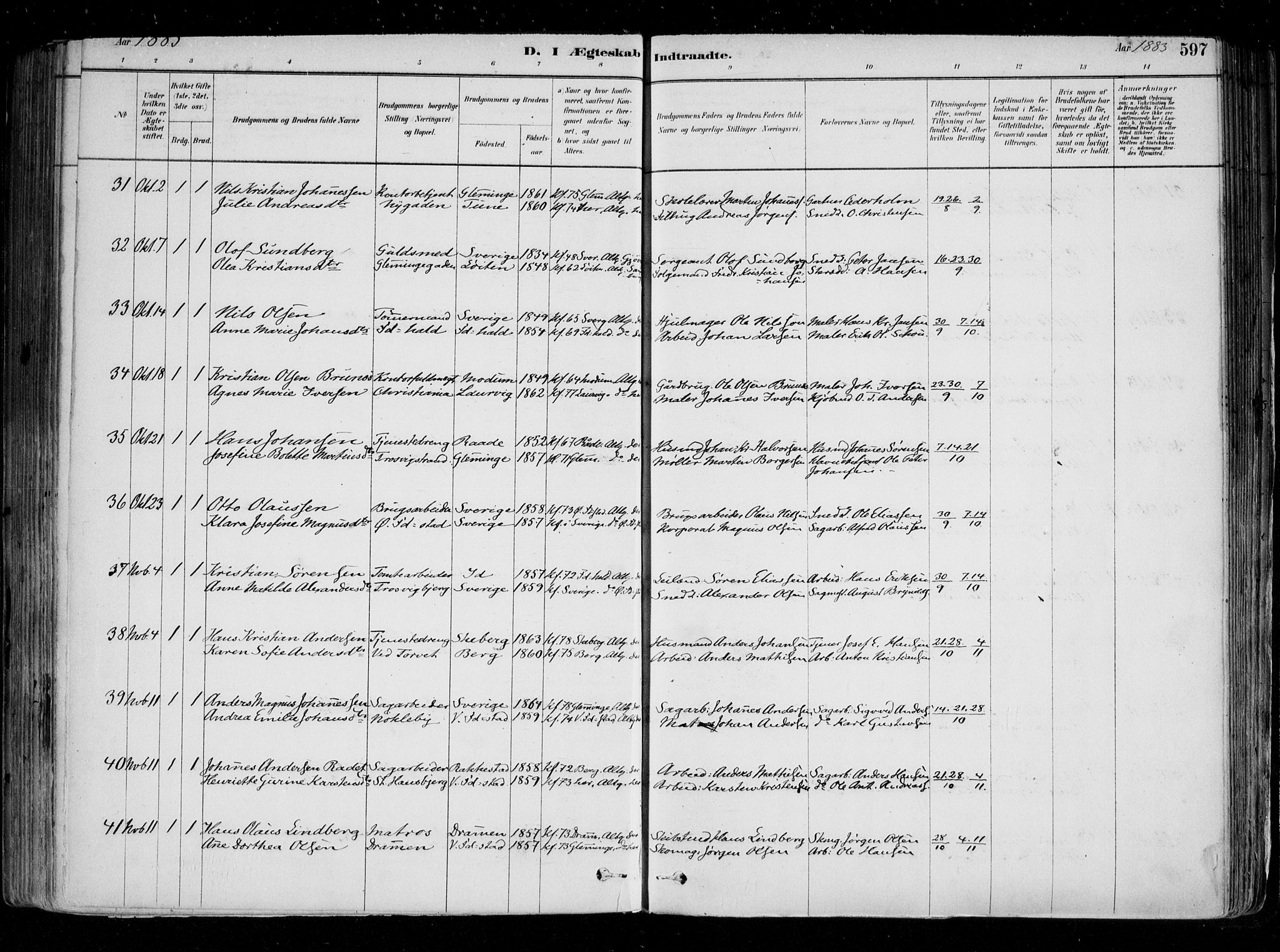 Fredrikstad domkirkes prestekontor Kirkebøker, AV/SAO-A-10906/F/Fa/L0004: Parish register (official) no. 4, 1878-1907, p. 597