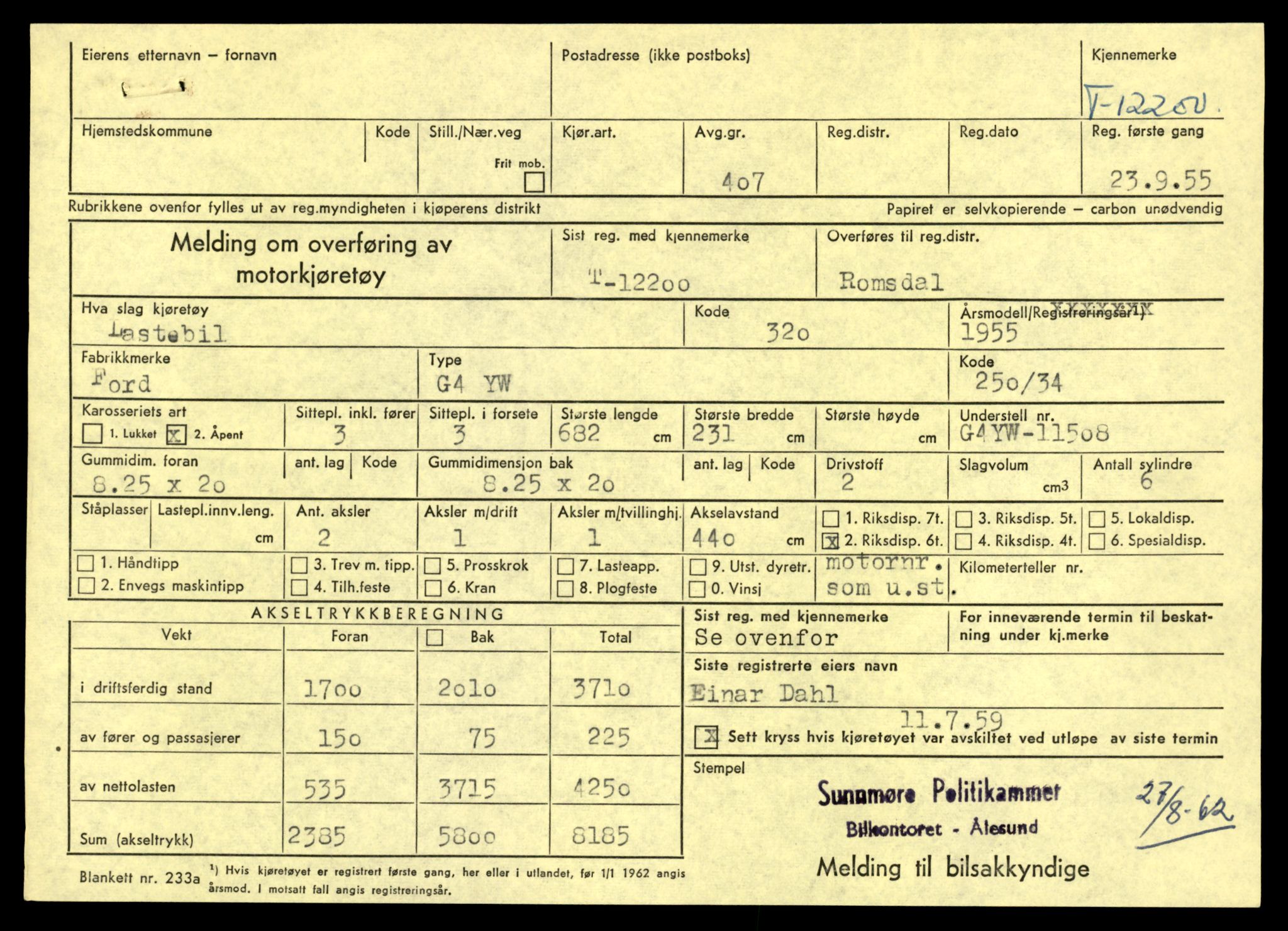 Møre og Romsdal vegkontor - Ålesund trafikkstasjon, AV/SAT-A-4099/F/Fe/L0033: Registreringskort for kjøretøy T 12151 - T 12474, 1927-1998, p. 1245