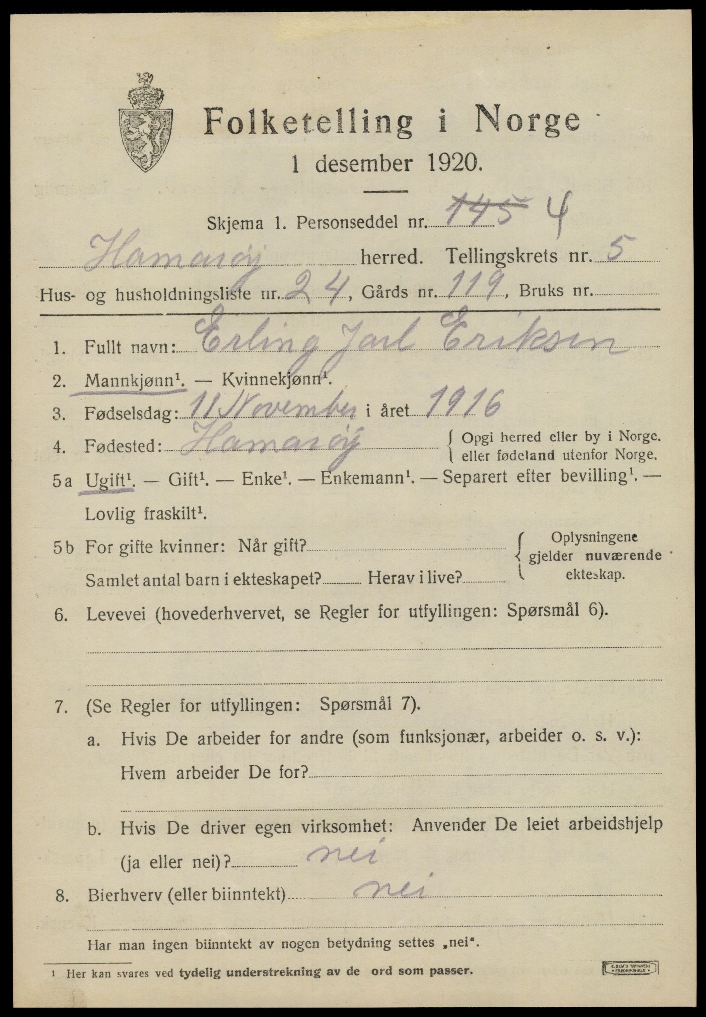 SAT, 1920 census for Hamarøy, 1920, p. 2934