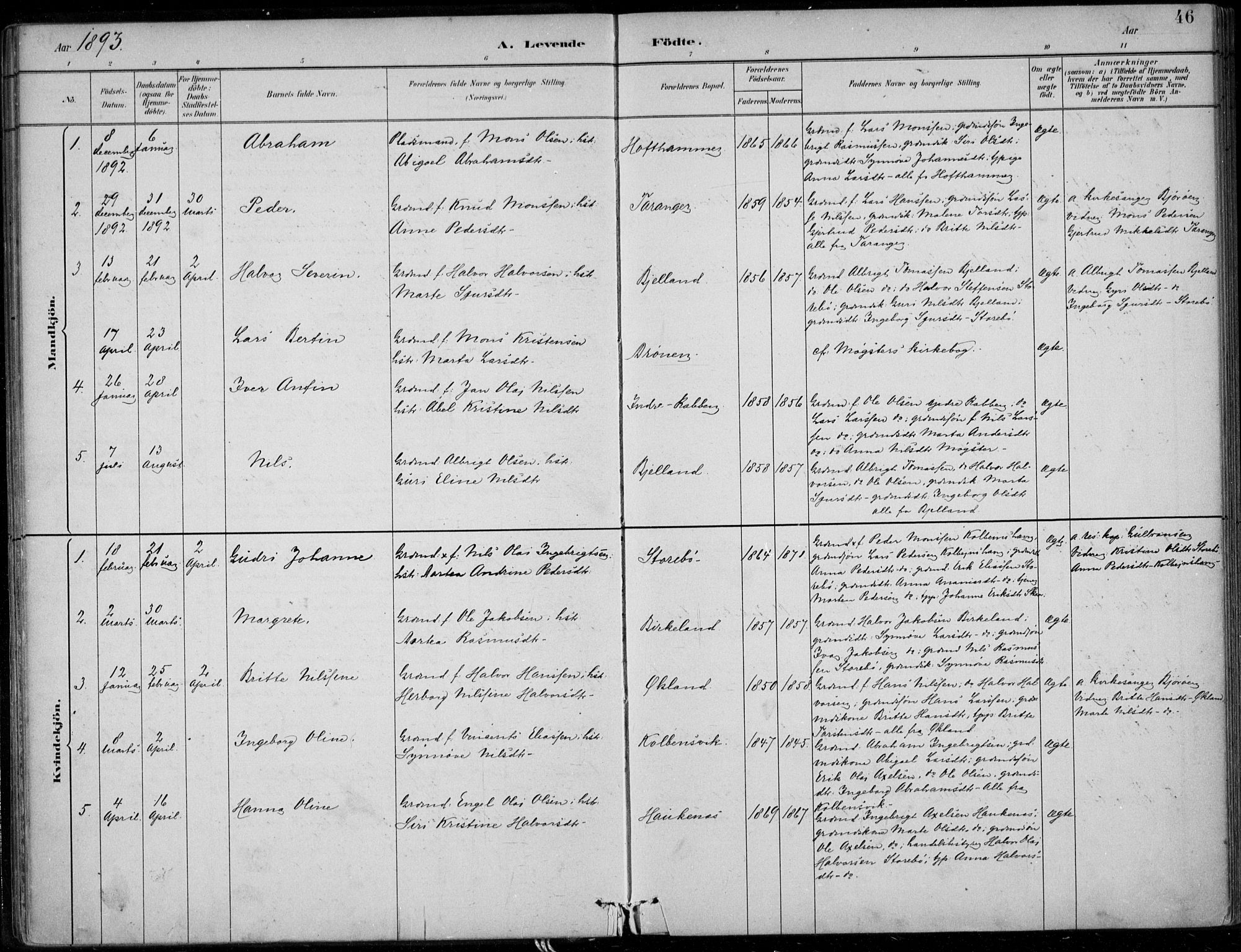 Sund sokneprestembete, SAB/A-99930: Parish register (official) no. C  1, 1882-1899, p. 46