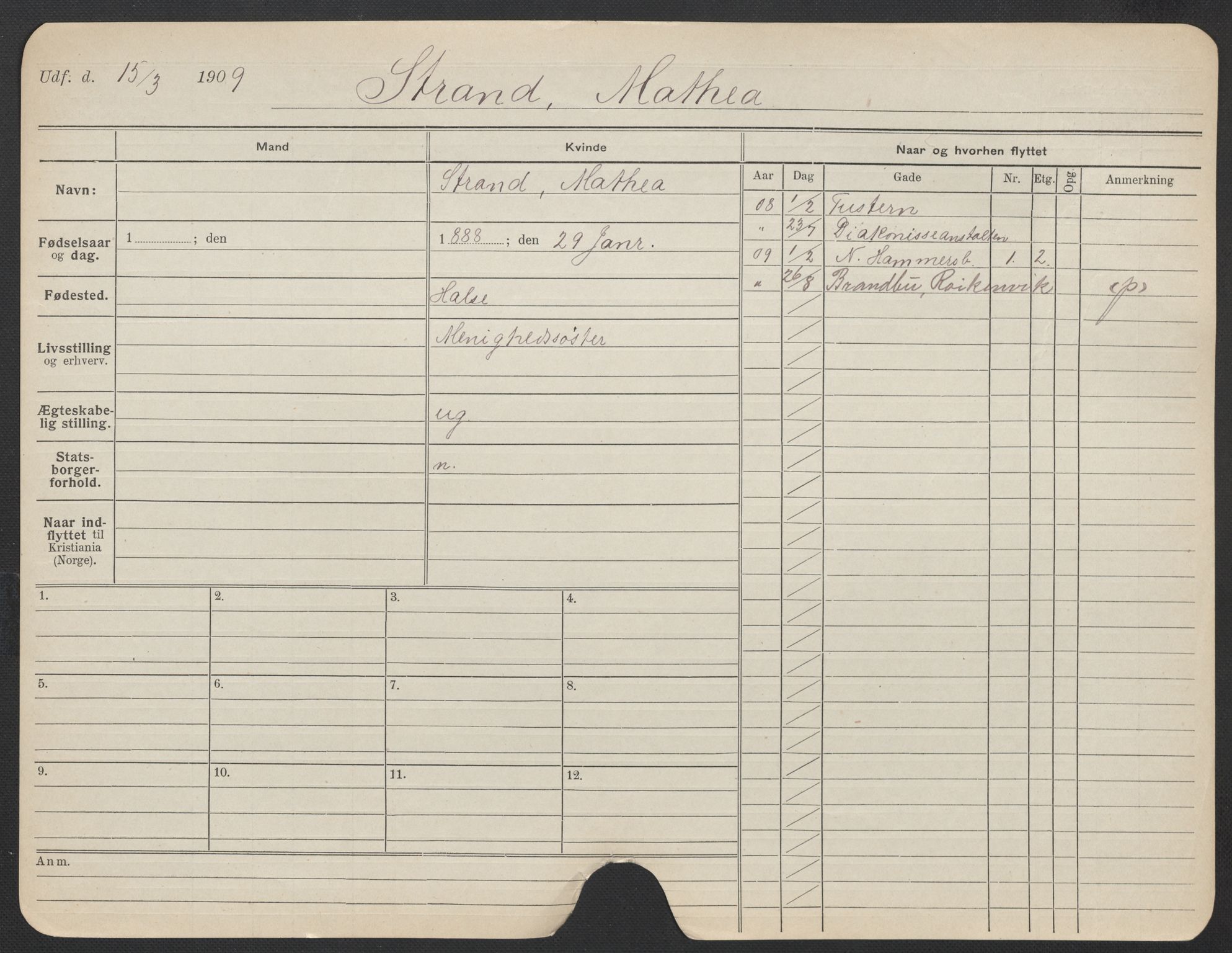 Oslo folkeregister, Registerkort, AV/SAO-A-11715/F/Fa/Fac/L0024: Kvinner, 1906-1914, p. 401a