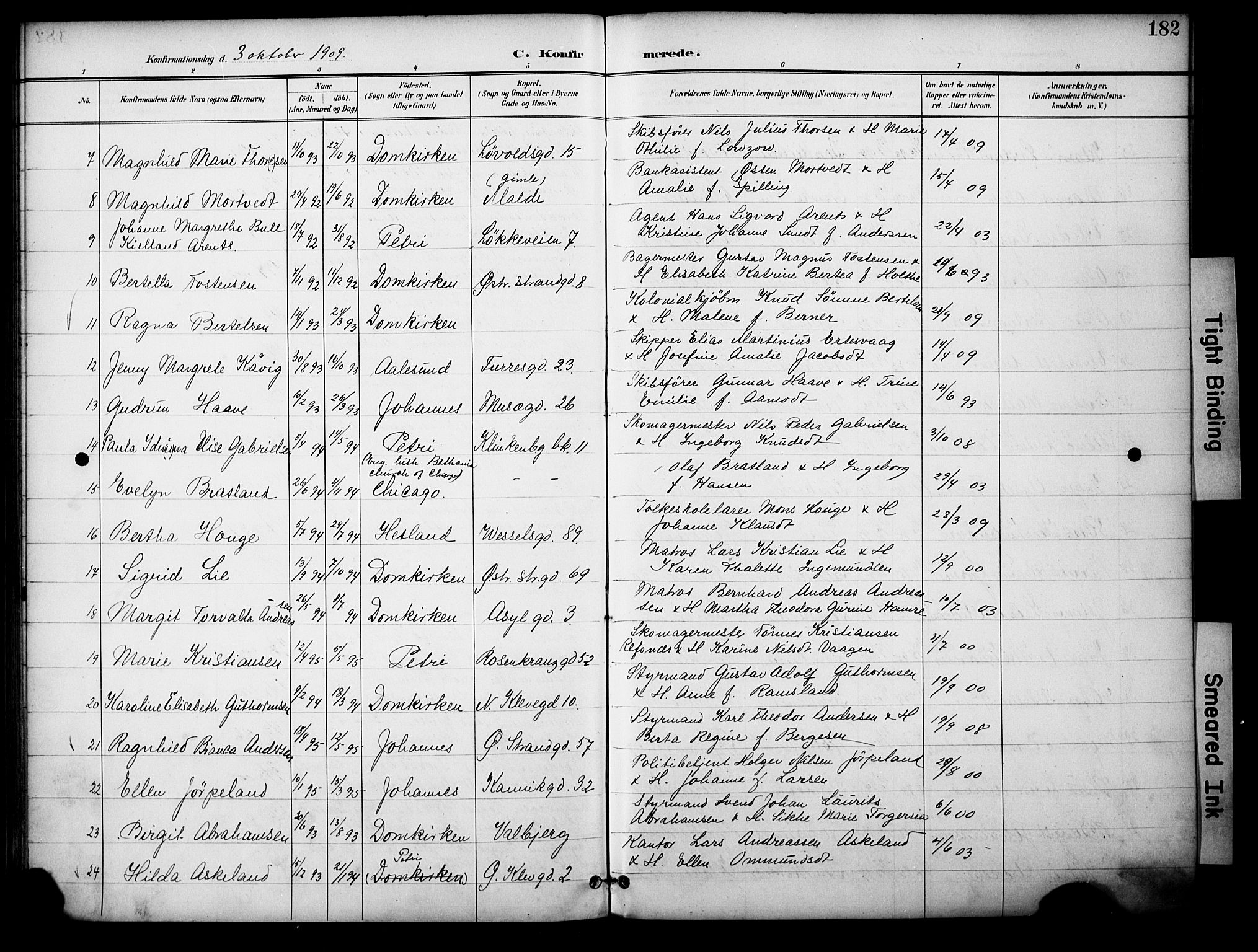 Domkirken sokneprestkontor, AV/SAST-A-101812/001/30/30BA/L0031: Parish register (official) no. A 30, 1896-1916, p. 182