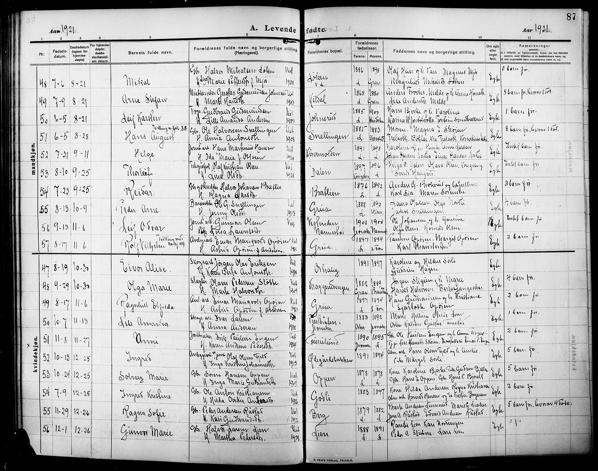 Lunner prestekontor, AV/SAH-PREST-118/H/Ha/Hab/L0001: Parish register (copy) no. 1, 1909-1922, p. 87