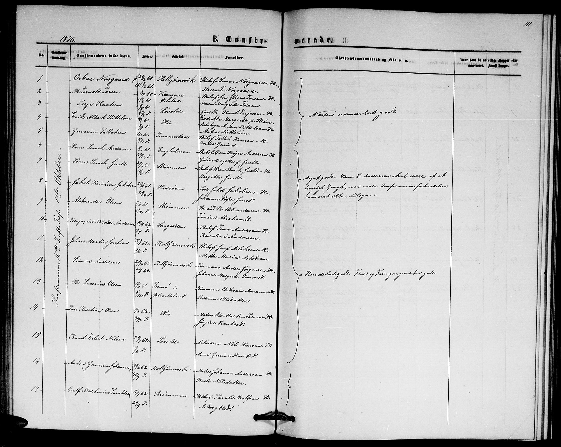 Hisøy sokneprestkontor, SAK/1111-0020/F/Fb/L0002: Parish register (copy) no. B 2, 1873-1885, p. 111