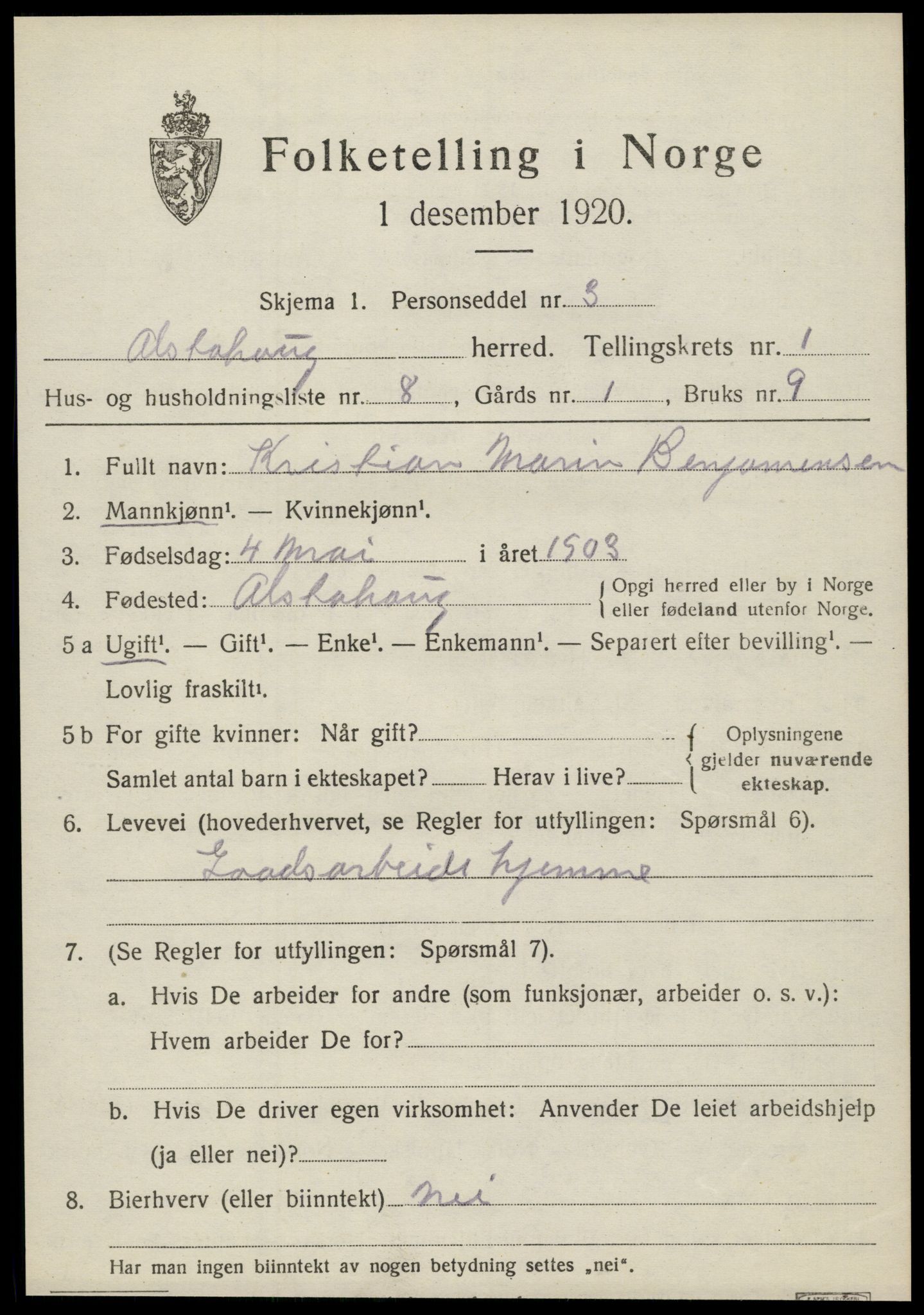 SAT, 1920 census for Alstahaug, 1920, p. 649