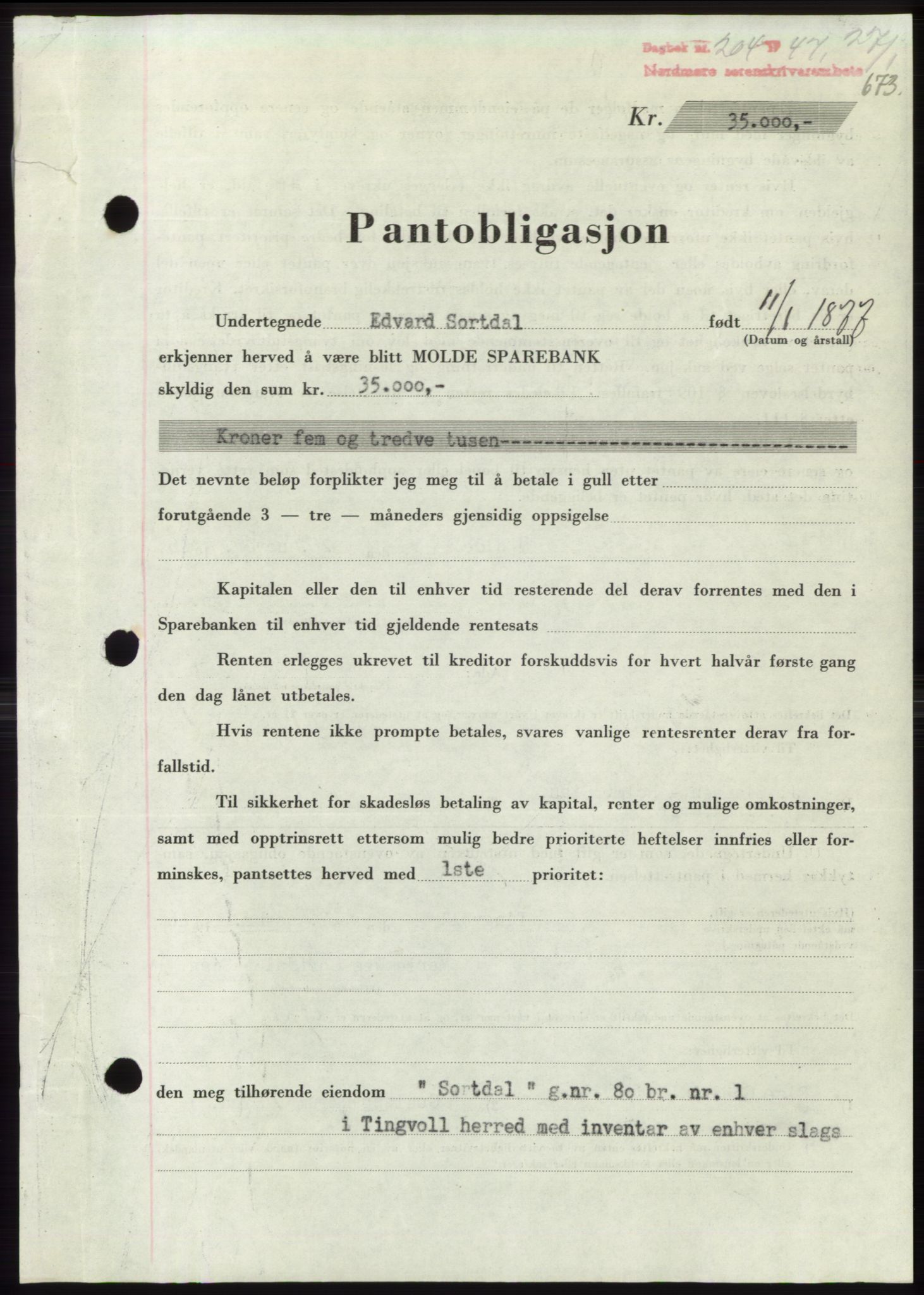 Nordmøre sorenskriveri, AV/SAT-A-4132/1/2/2Ca: Mortgage book no. B95, 1946-1947, Diary no: : 204/1947