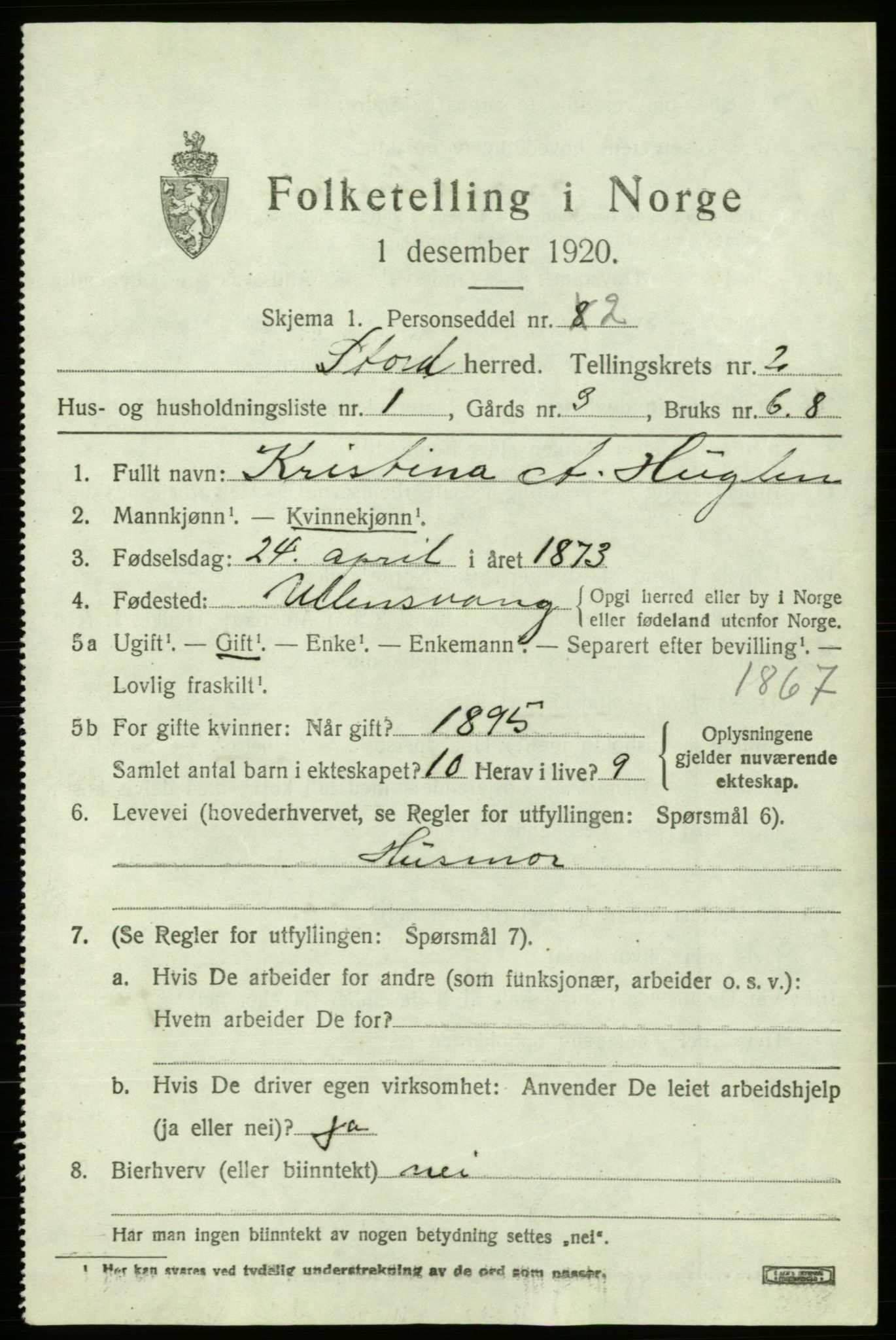 SAB, 1920 census for Stord, 1920, p. 1485