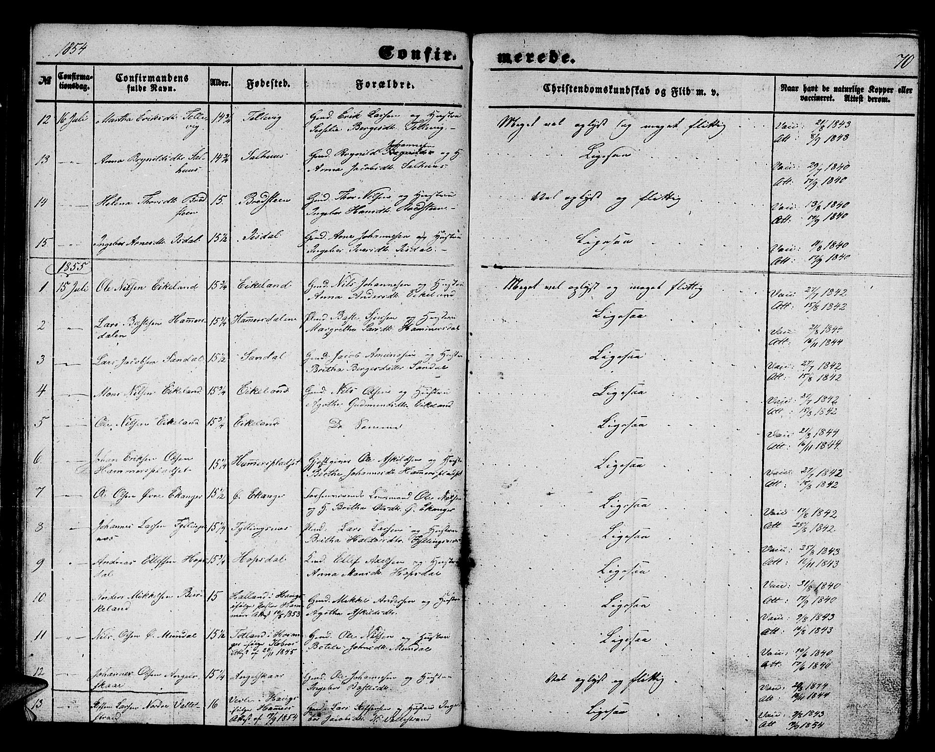 Hamre sokneprestembete, SAB/A-75501/H/Ha/Hab: Parish register (copy) no. B 1, 1852-1863, p. 70