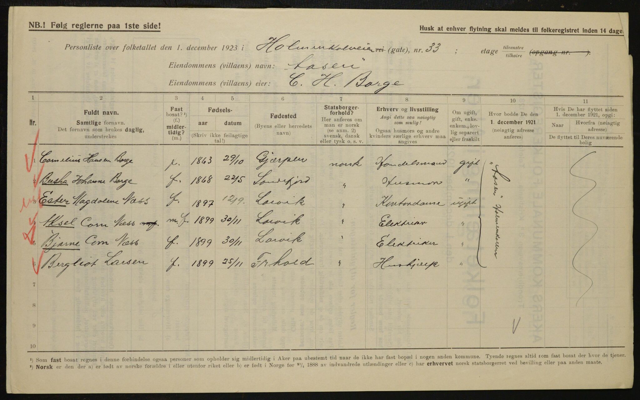 , Municipal Census 1923 for Aker, 1923, p. 11217