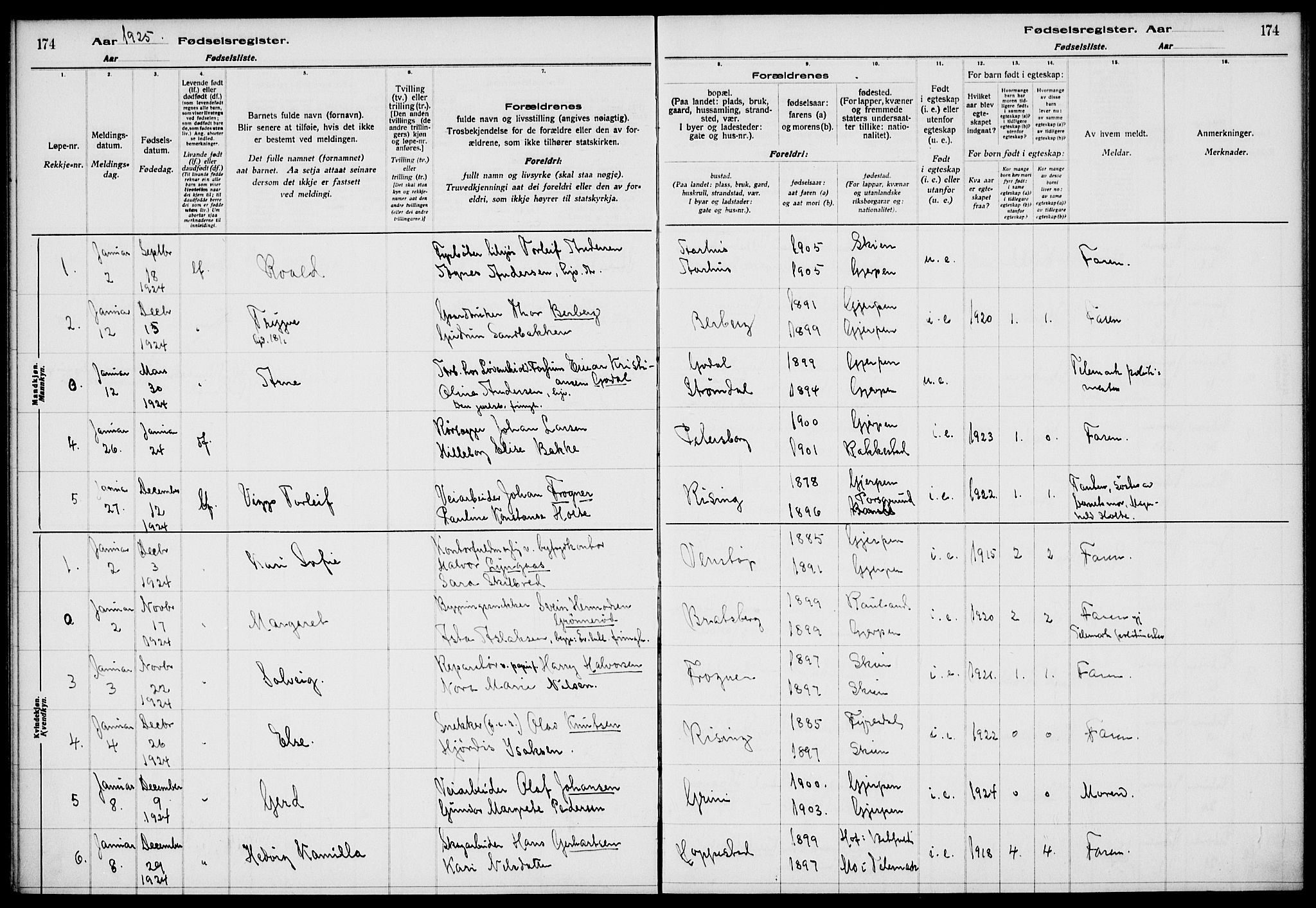 Gjerpen kirkebøker, SAKO/A-265/J/Ja/L0001: Birth register no. 1, 1916-1926, p. 174