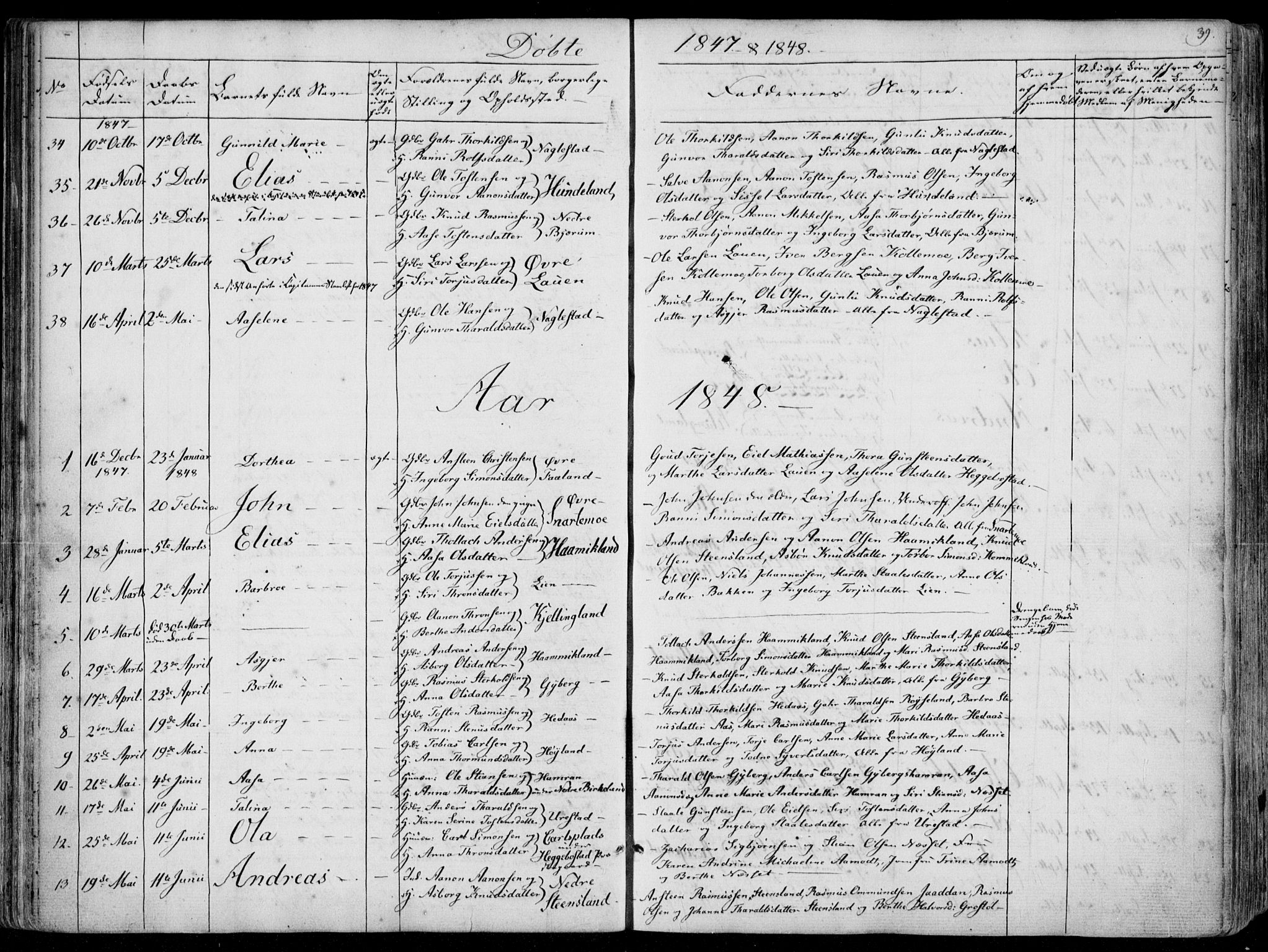 Hægebostad sokneprestkontor, SAK/1111-0024/F/Fa/Faa/L0004: Parish register (official) no. A 4, 1834-1864, p. 39