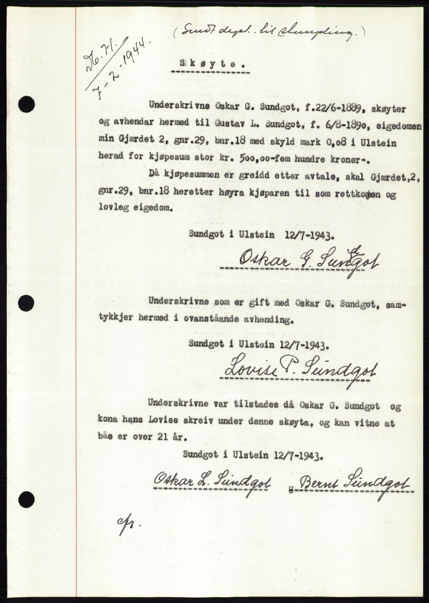 Søre Sunnmøre sorenskriveri, SAT/A-4122/1/2/2C/L0076: Mortgage book no. 2A, 1943-1944, Diary no: : 71/1944