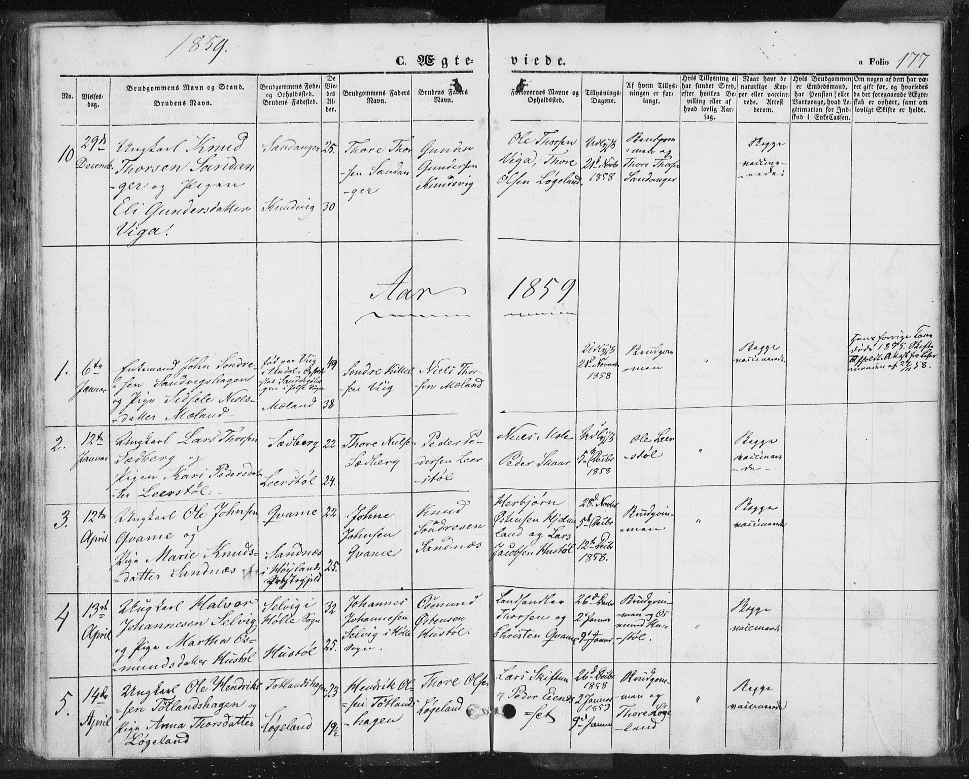 Hjelmeland sokneprestkontor, AV/SAST-A-101843/01/IV/L0009: Parish register (official) no. A 9, 1846-1860, p. 177