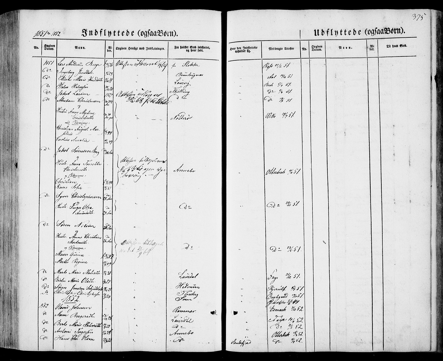 Sandar kirkebøker, SAKO/A-243/F/Fa/L0006: Parish register (official) no. 6, 1847-1860, p. 375