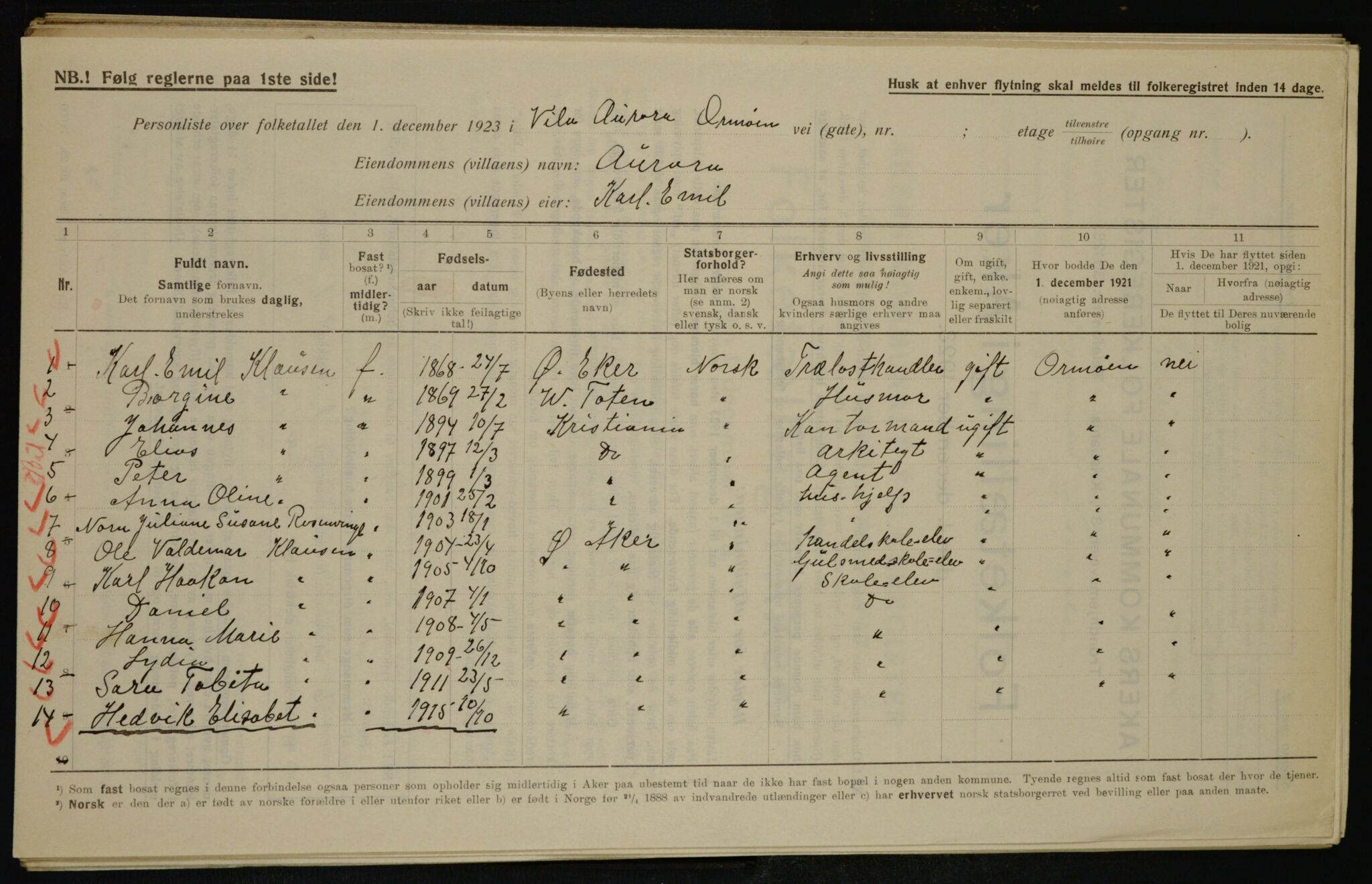 , Municipal Census 1923 for Aker, 1923, p. 43209