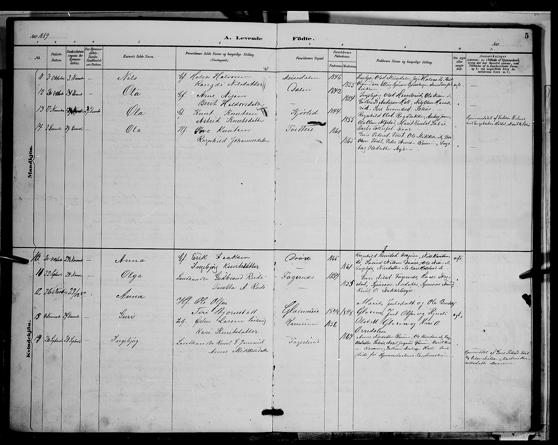 Nord-Aurdal prestekontor, SAH/PREST-132/H/Ha/Hab/L0009: Parish register (copy) no. 9, 1887-1897, p. 5