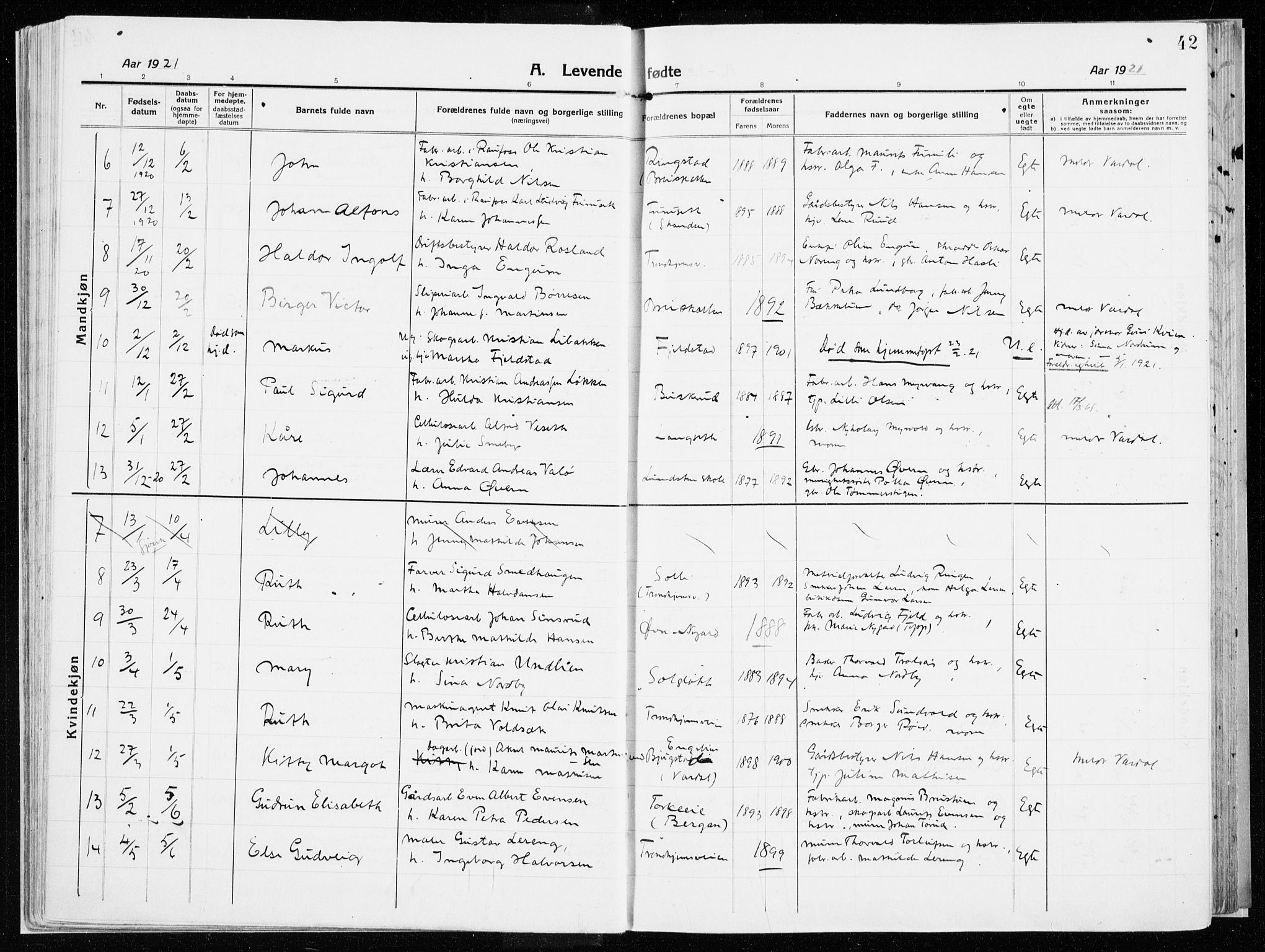 Vardal prestekontor, AV/SAH-PREST-100/H/Ha/Haa/L0017: Parish register (official) no. 17, 1915-1929, p. 42