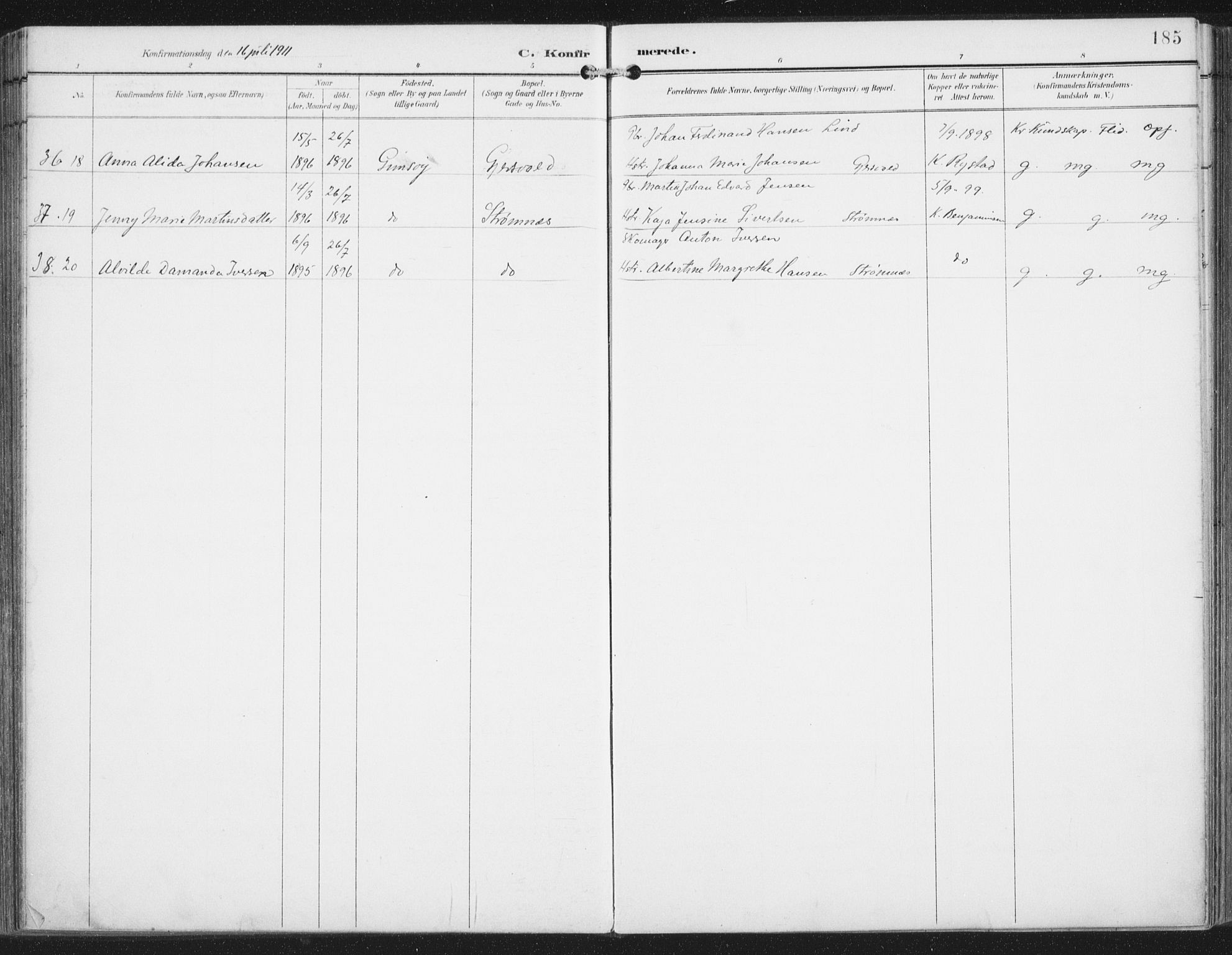 Ministerialprotokoller, klokkerbøker og fødselsregistre - Nordland, AV/SAT-A-1459/876/L1098: Parish register (official) no. 876A04, 1896-1915, p. 185