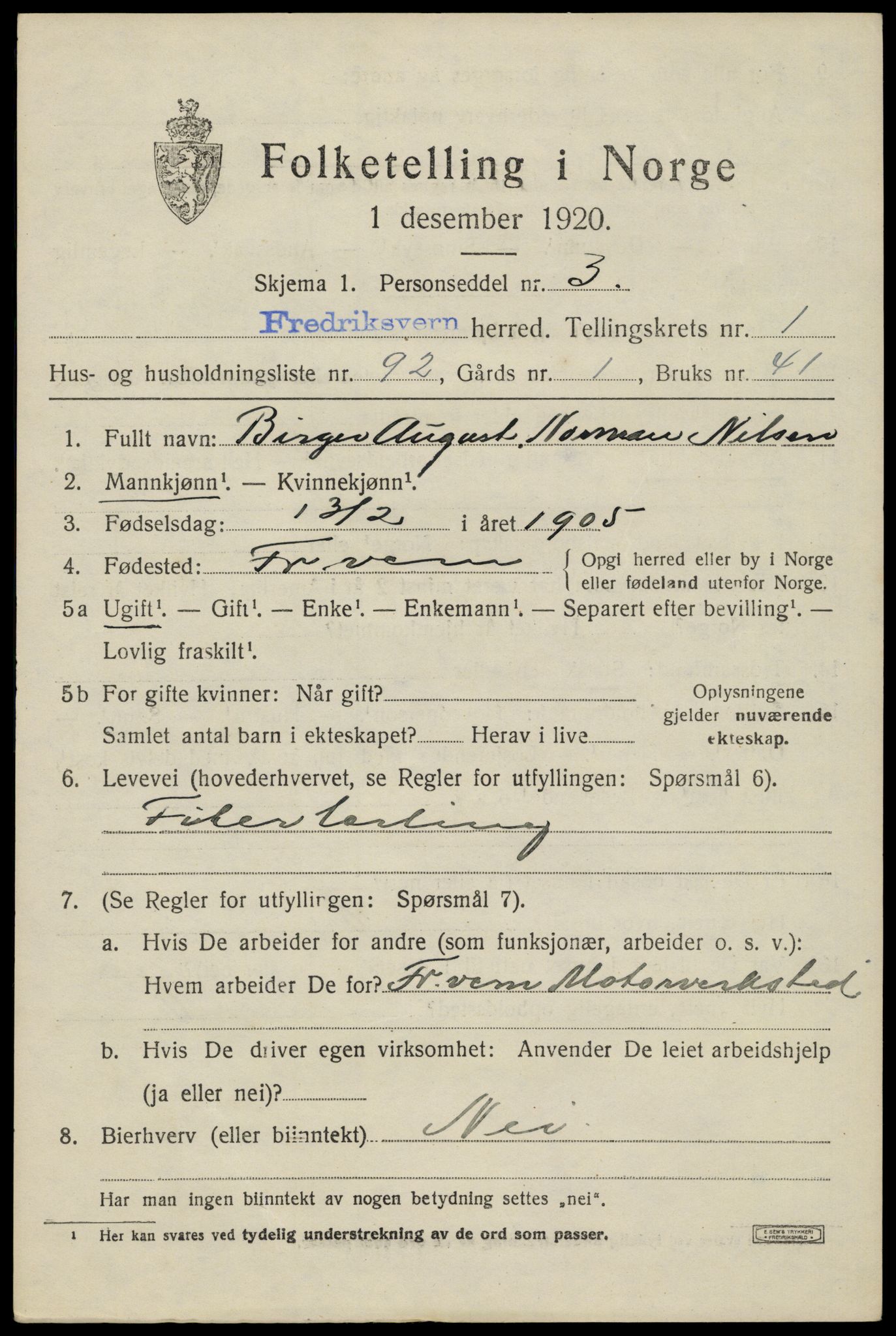 SAKO, 1920 census for Fredriksvern, 1920, p. 965