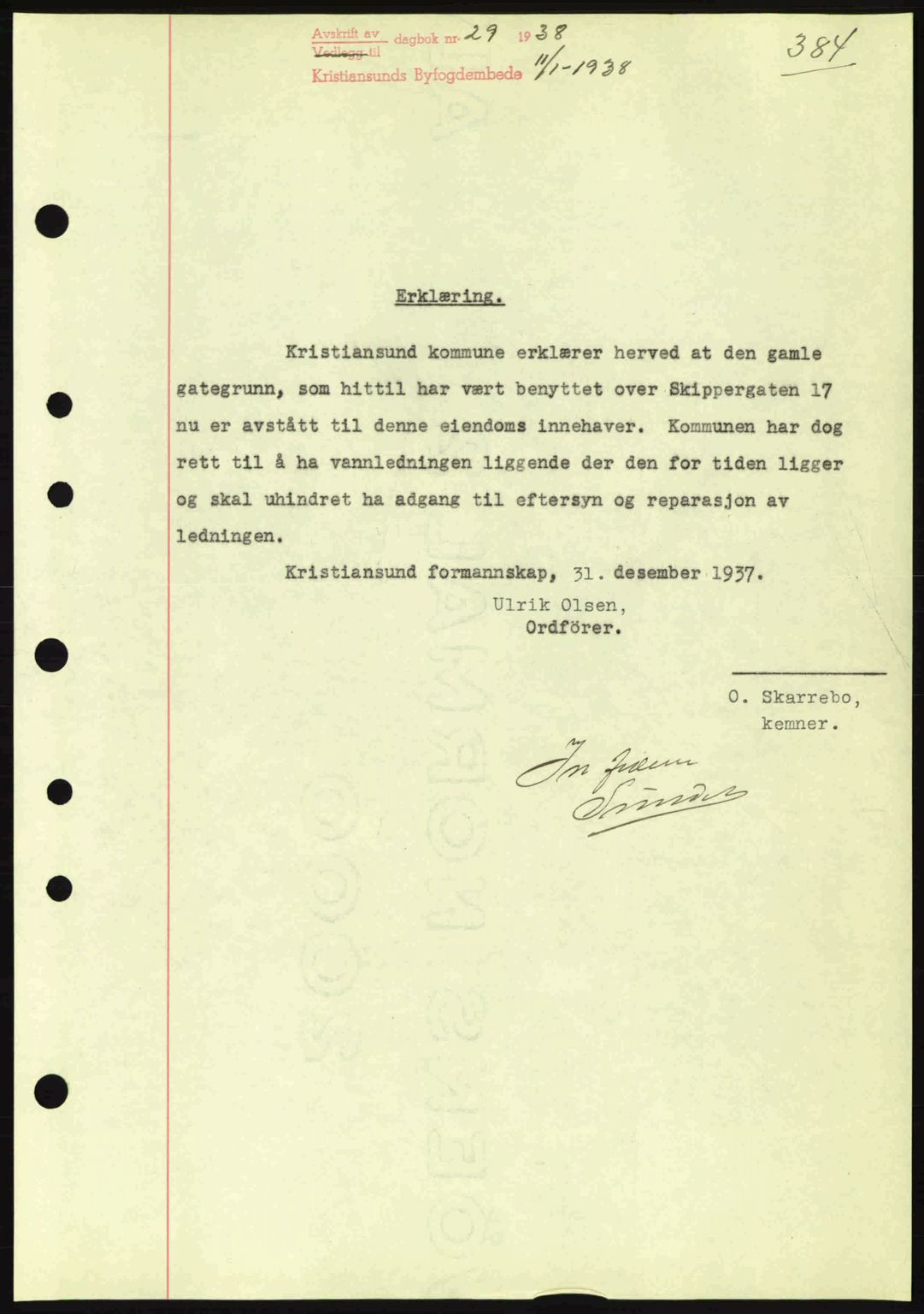 Kristiansund byfogd, AV/SAT-A-4587/A/27: Mortgage book no. 30, 1936-1941, Diary no: : 29/1938