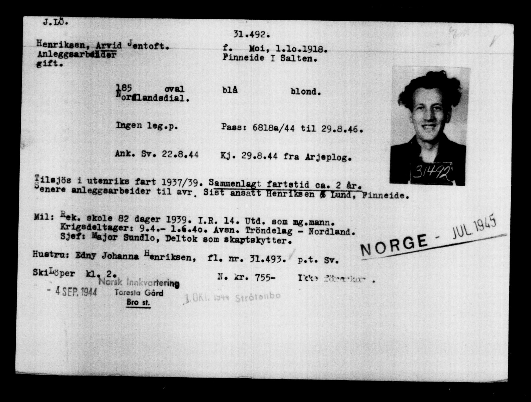 Utenriksstasjonene, Legasjonen i Stockholm, Flyktningkontoret, AV/RA-S-6753/V/Va/L0012: Kjesäterkartoteket, flyktninger med registreringsnr. 28300-31566, 1940-1945, p. 3458