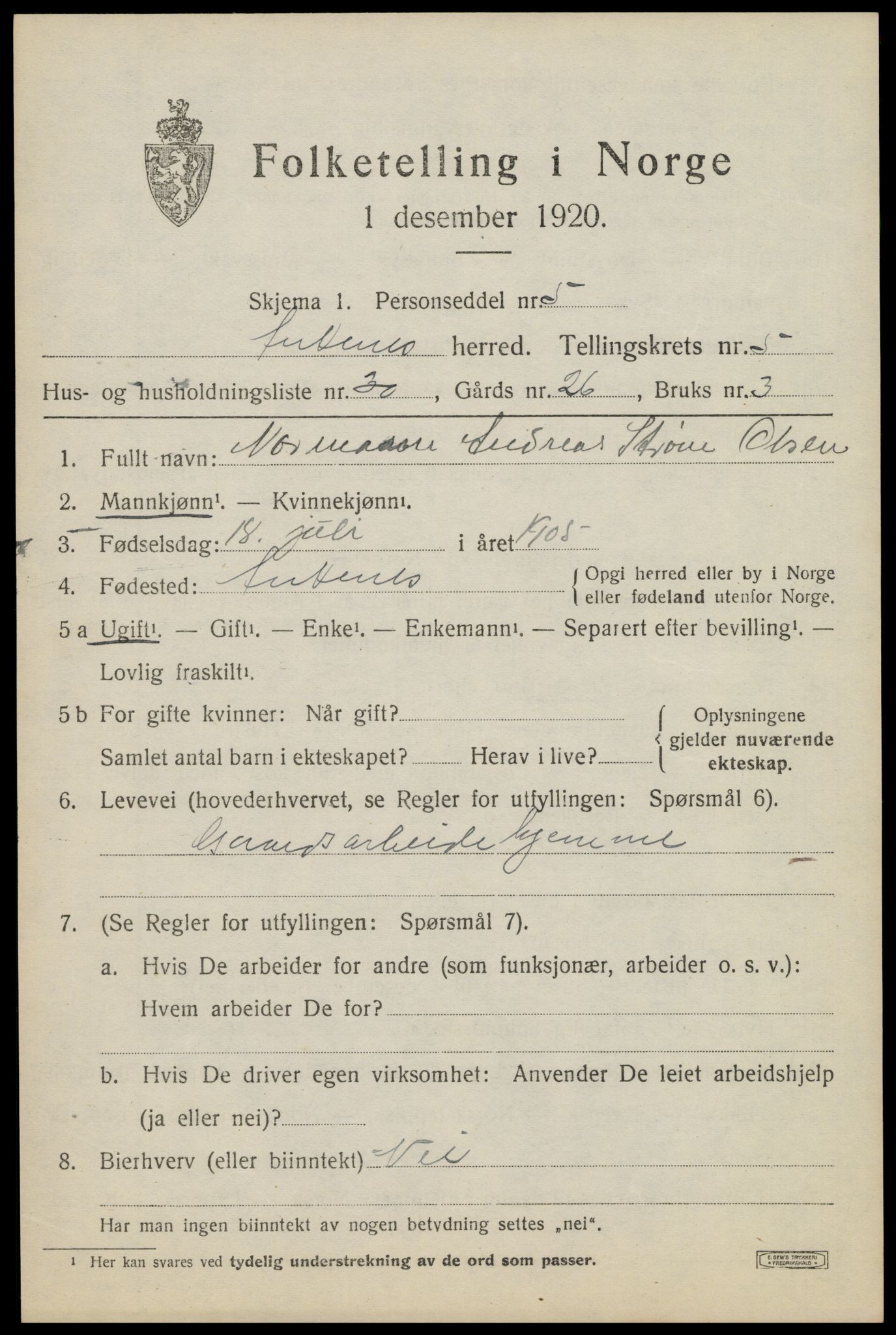 SAT, 1920 census for Ankenes, 1920, p. 3437