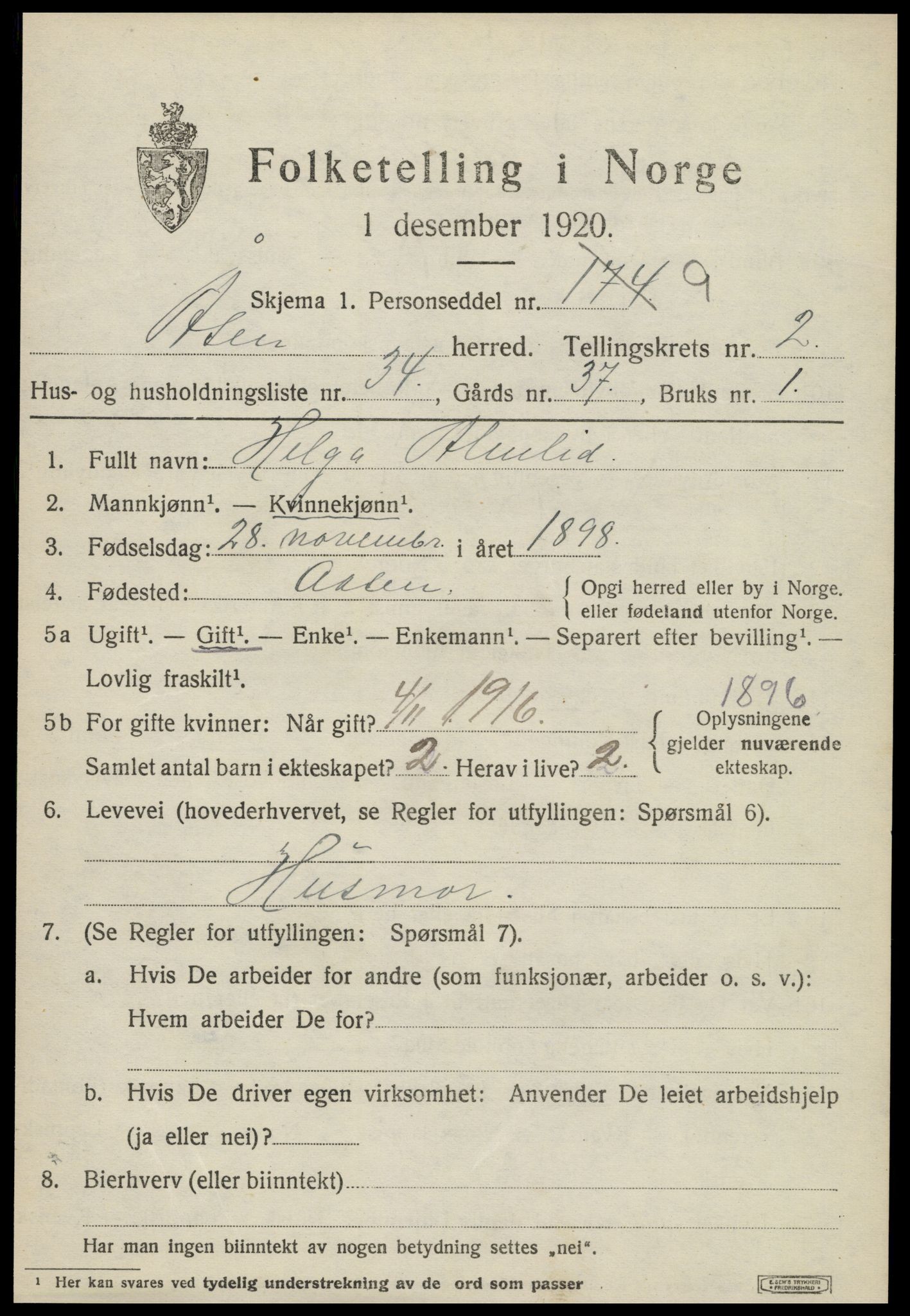 SAT, 1920 census for Åsen, 1920, p. 2054