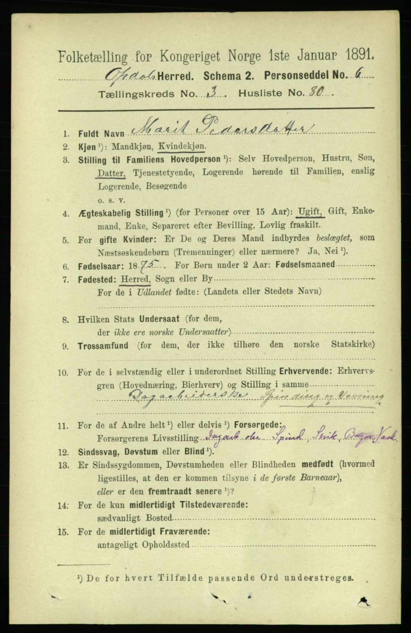 RA, 1891 census for 1634 Oppdal, 1891, p. 1727