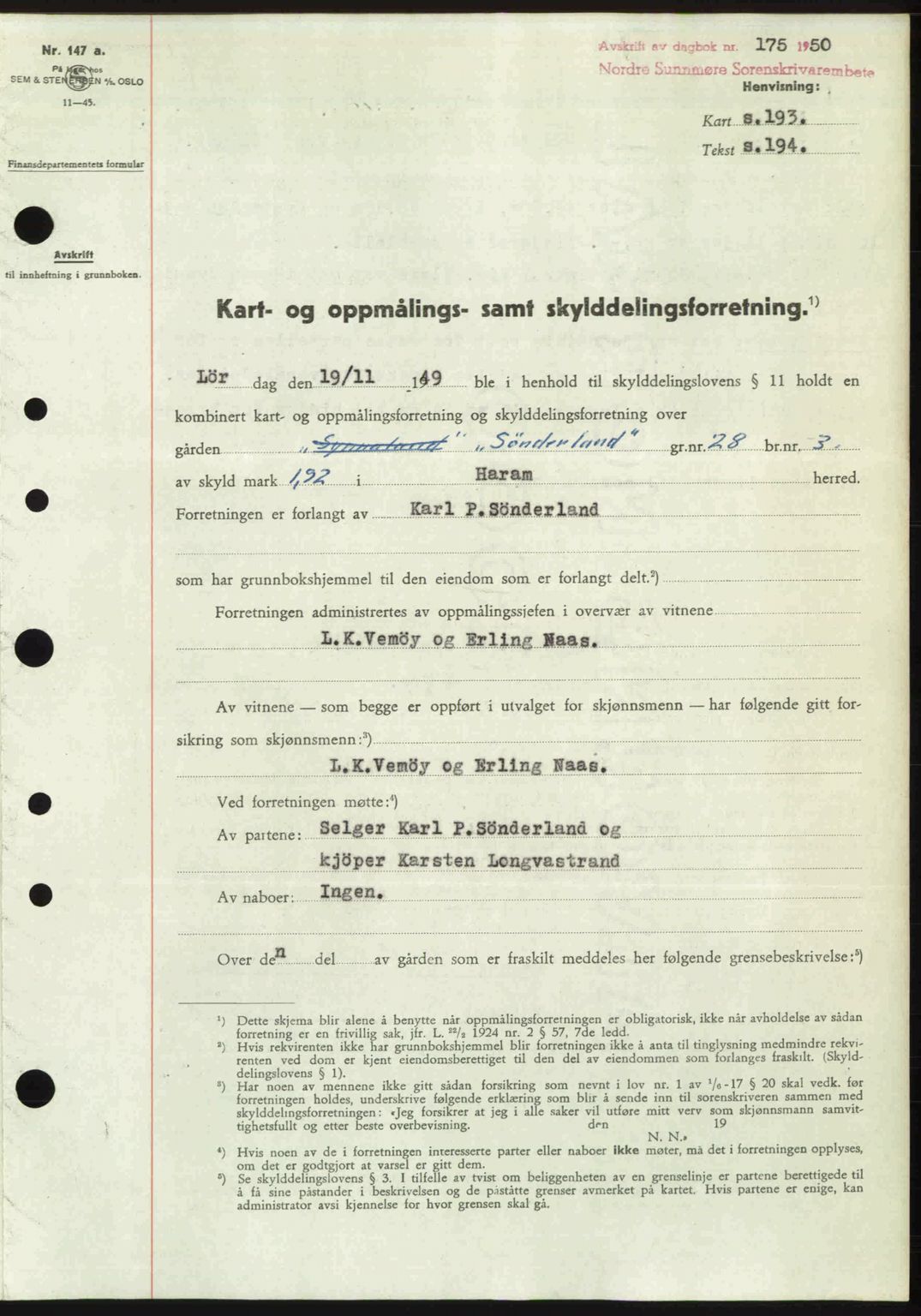 Nordre Sunnmøre sorenskriveri, AV/SAT-A-0006/1/2/2C/2Ca: Mortgage book no. A33, 1949-1950, Diary no: : 175/1950