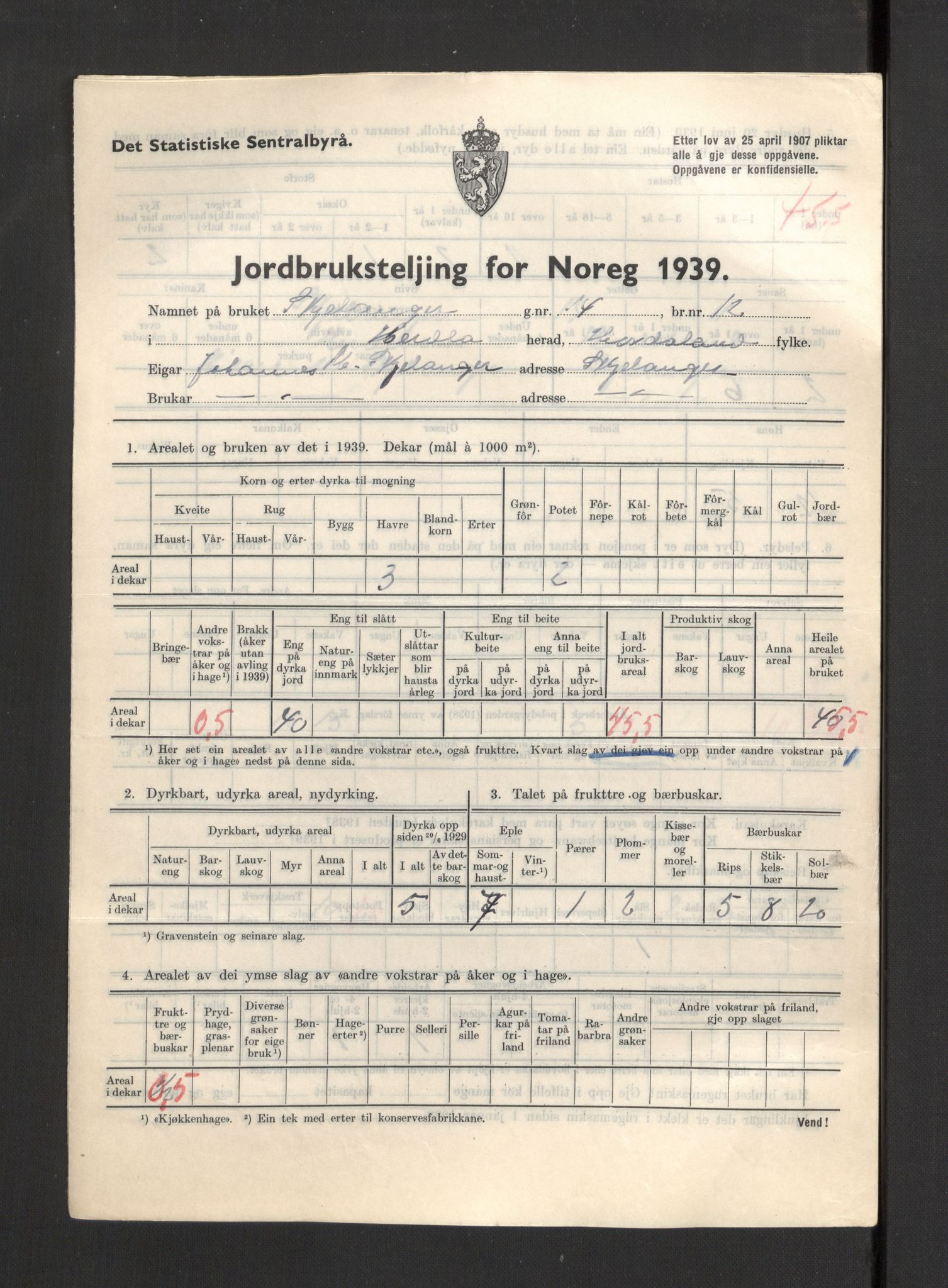 Statistisk sentralbyrå, Næringsøkonomiske emner, Jordbruk, skogbruk, jakt, fiske og fangst, AV/RA-S-2234/G/Gb/L0211: Hordaland: Herdla, Hjelme og Manger, 1939, p. 1083