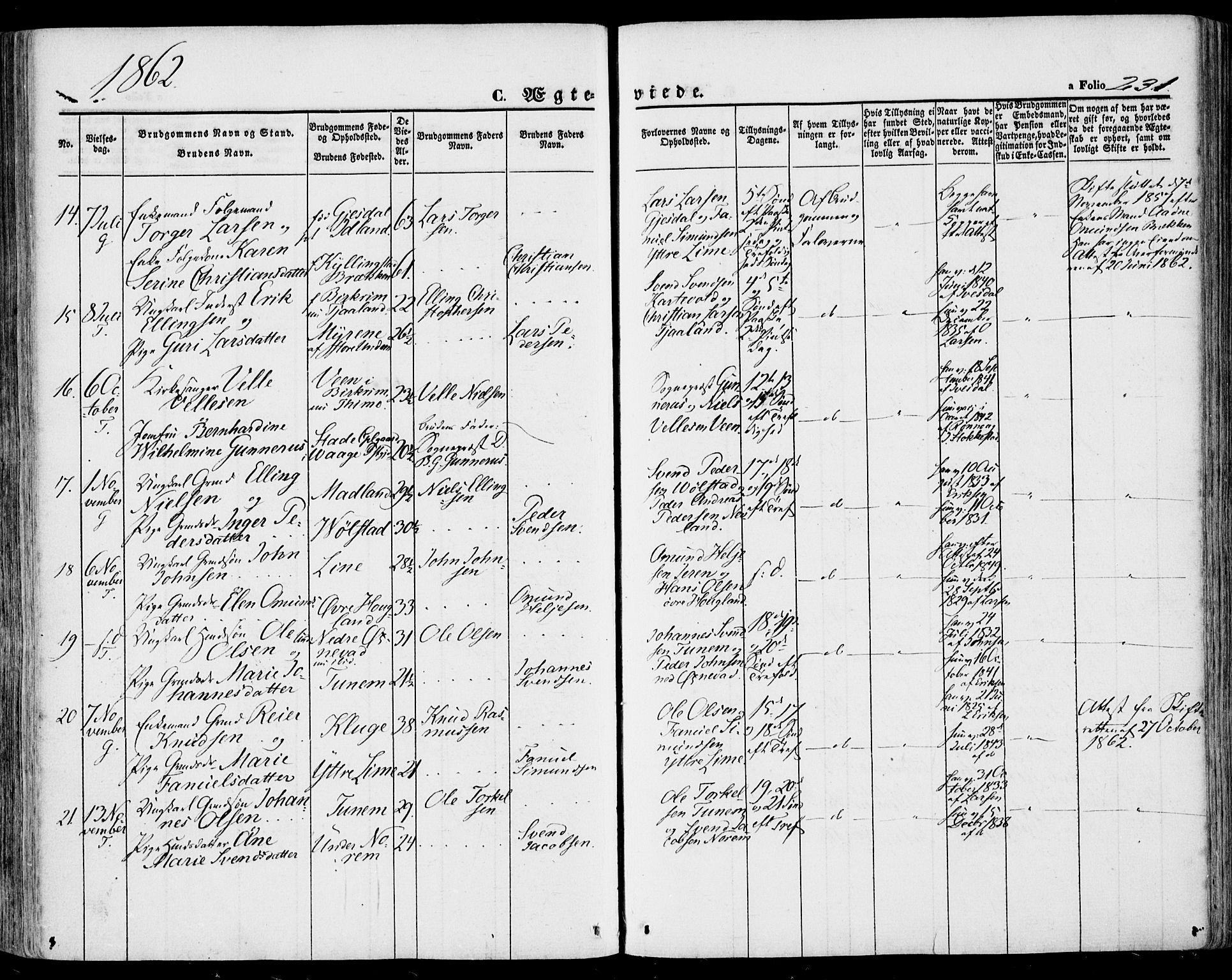 Lye sokneprestkontor, SAST/A-101794/001/30BA/L0007: Parish register (official) no. A 6, 1856-1871, p. 231