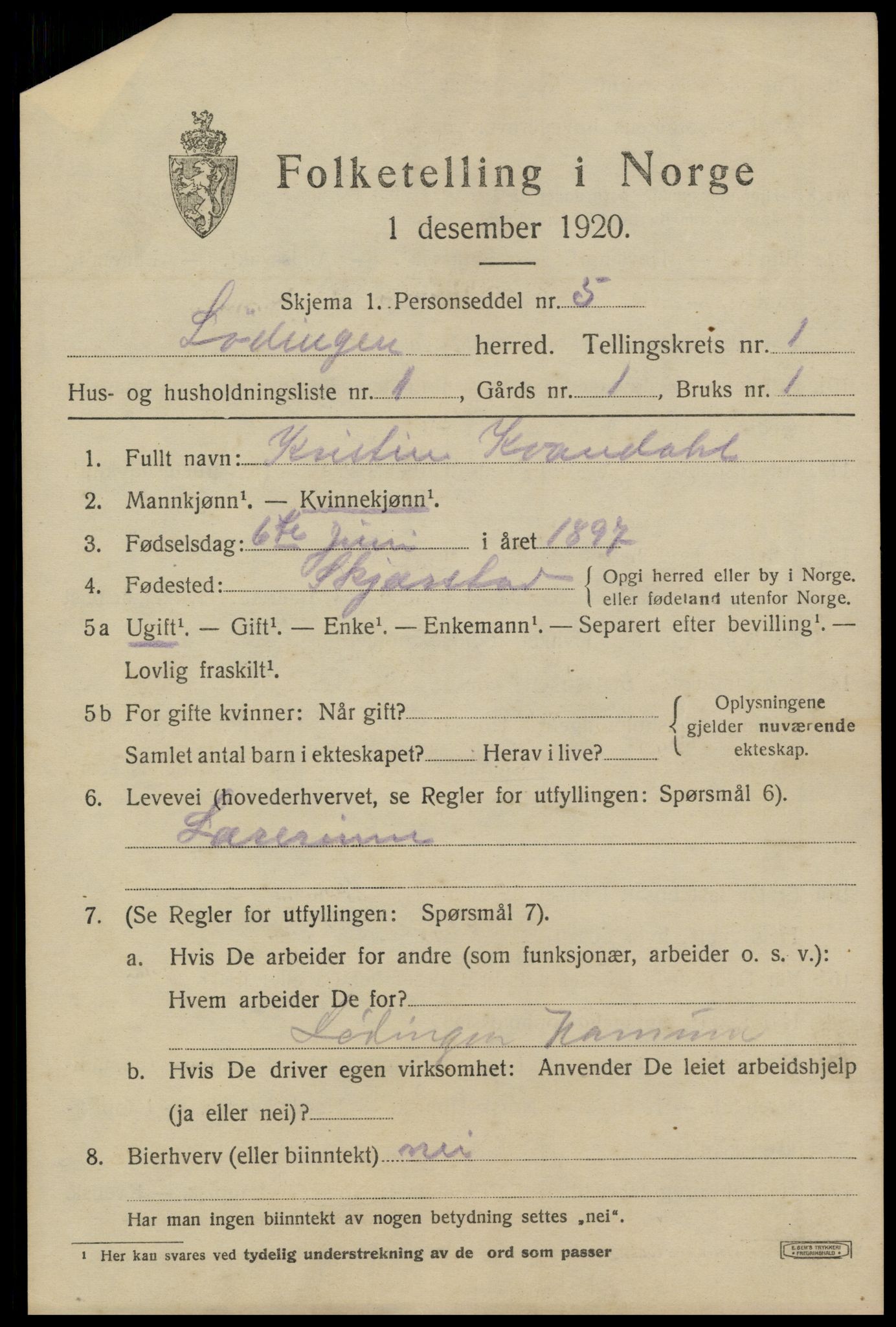 SAT, 1920 census for Lødingen, 1920, p. 1033