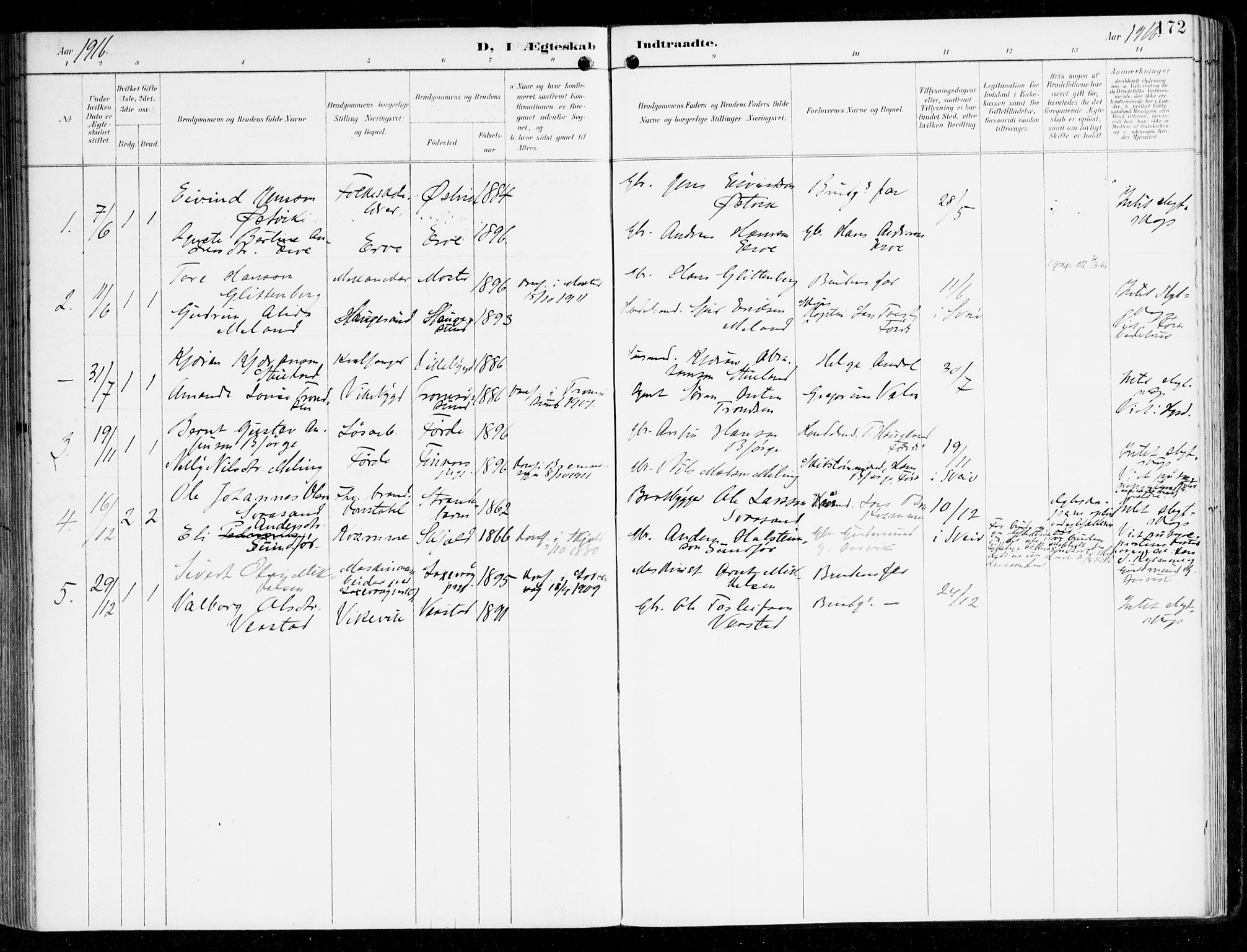 Sveio Sokneprestembete, SAB/A-78501/H/Haa: Parish register (official) no. D 2, 1894-1916, p. 172