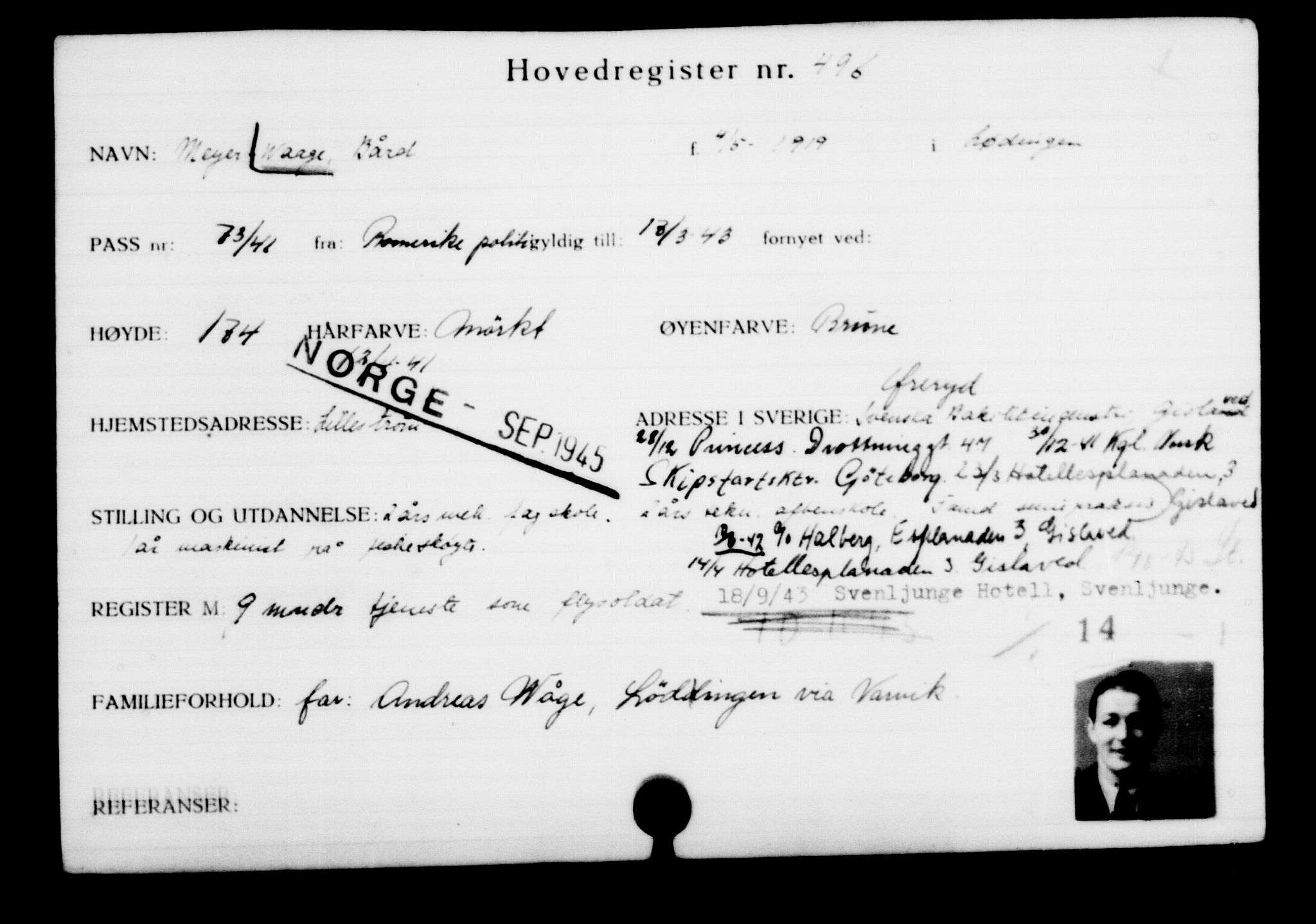 Utenriksstasjonene, Legasjonen i Stockholm, Flyktningkontoret, AV/RA-S-6753/V/Va/L0001: Kjesäterkartoteket, flyktninger med registreringsnr. 1-1000, 1940-1945, p. 764