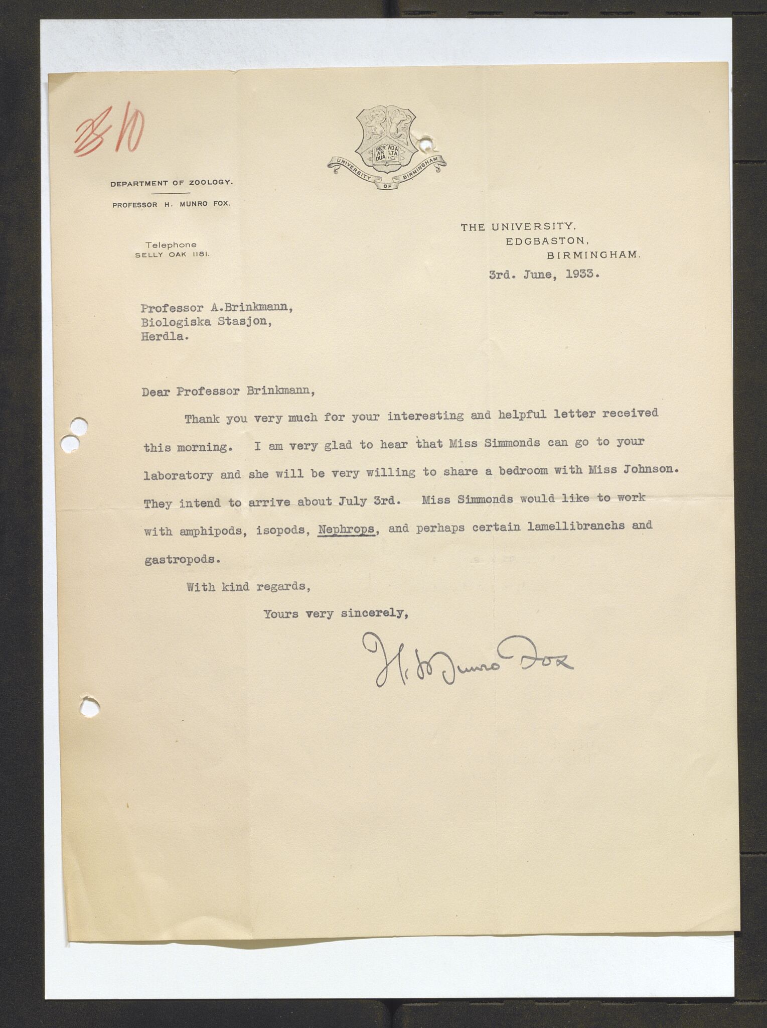 Bergens Museum, AV/SAB-A-17301/13/D/L0002: Korrespondanse , 1928-1940, p. 447