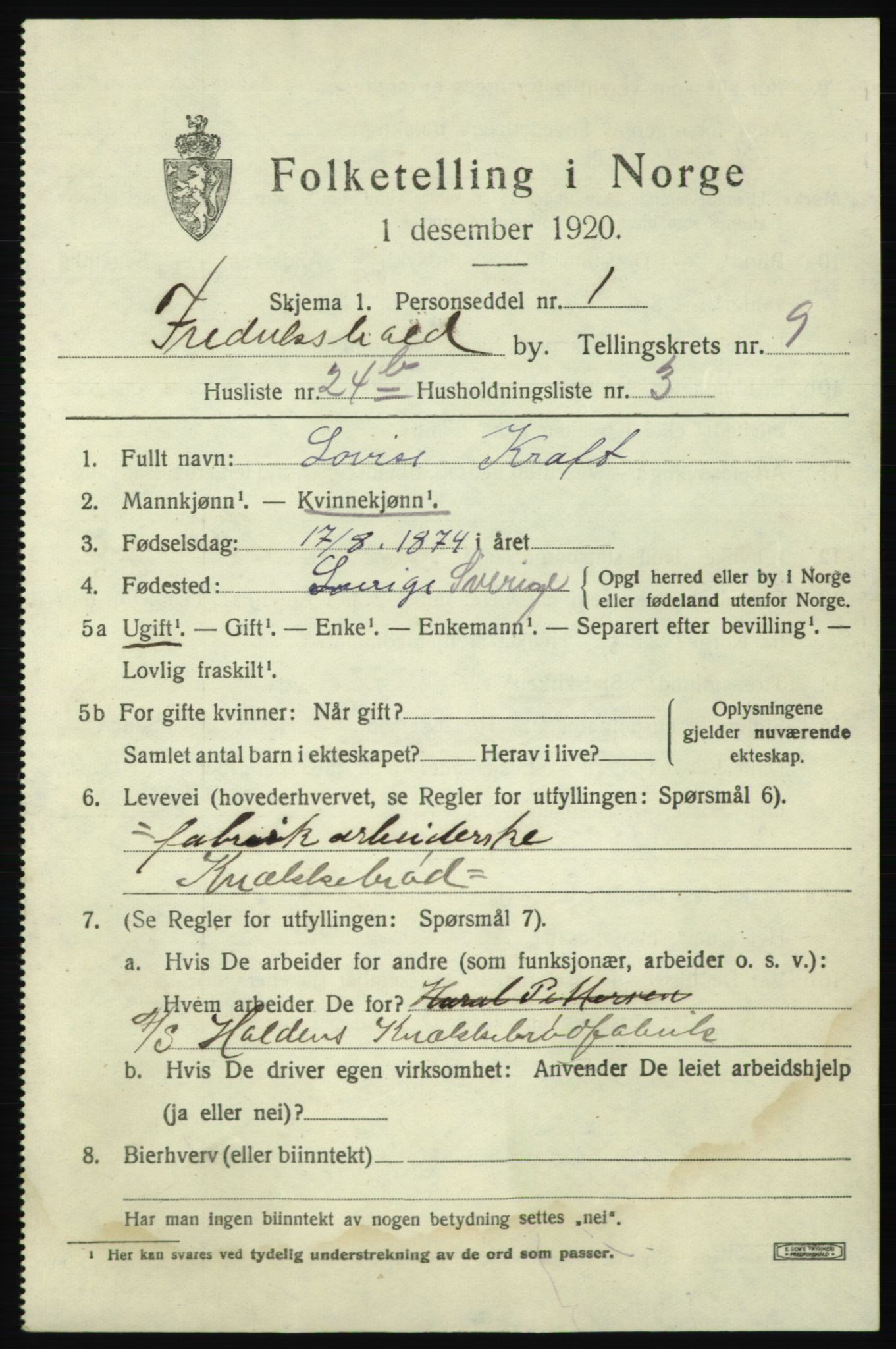 SAO, 1920 census for Fredrikshald, 1920, p. 16317
