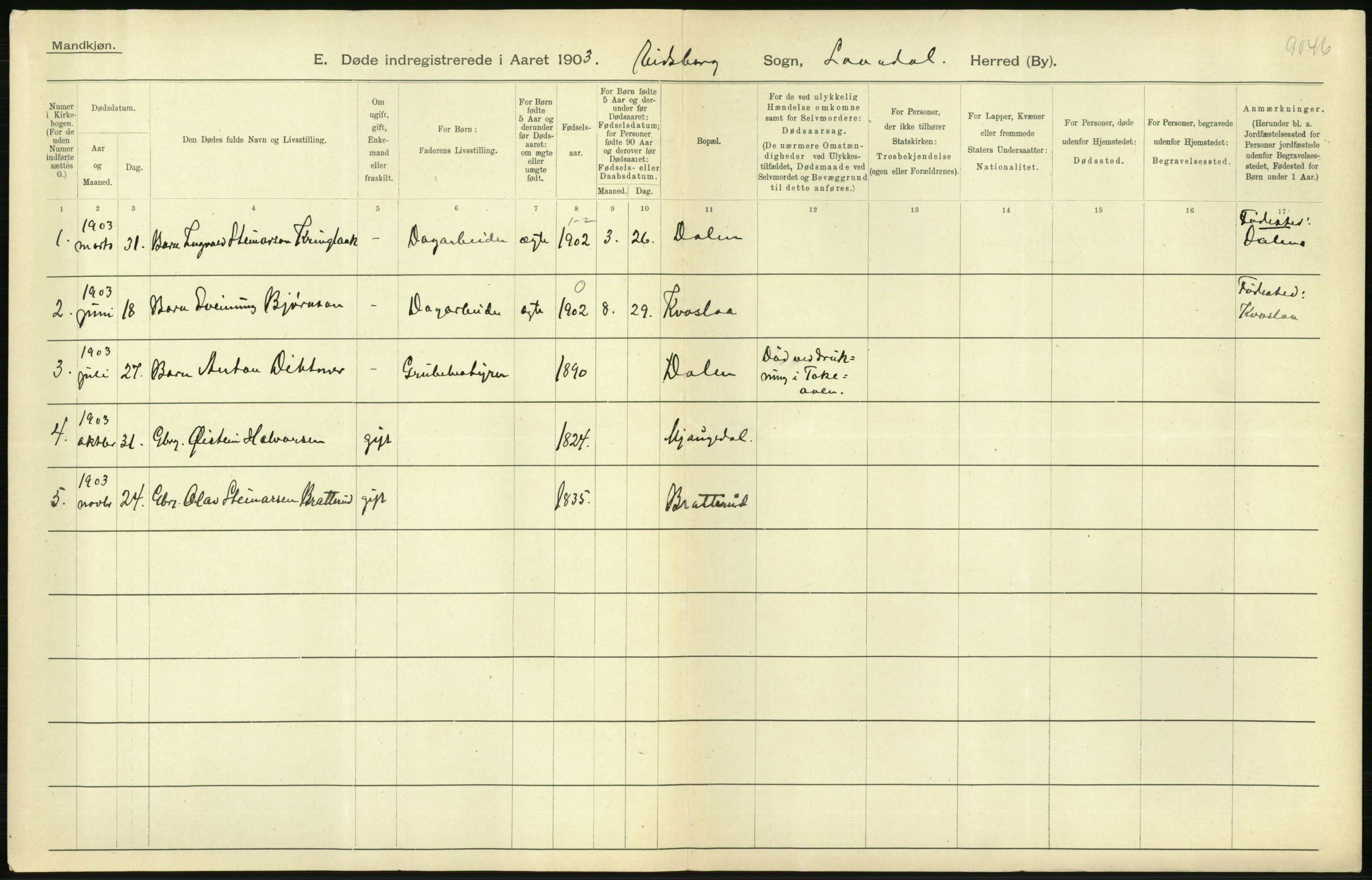 Statistisk sentralbyrå, Sosiodemografiske emner, Befolkning, AV/RA-S-2228/D/Df/Dfa/Dfaa/L0009: Bratsberg amt: Fødte, gifte, døde, 1903, p. 496