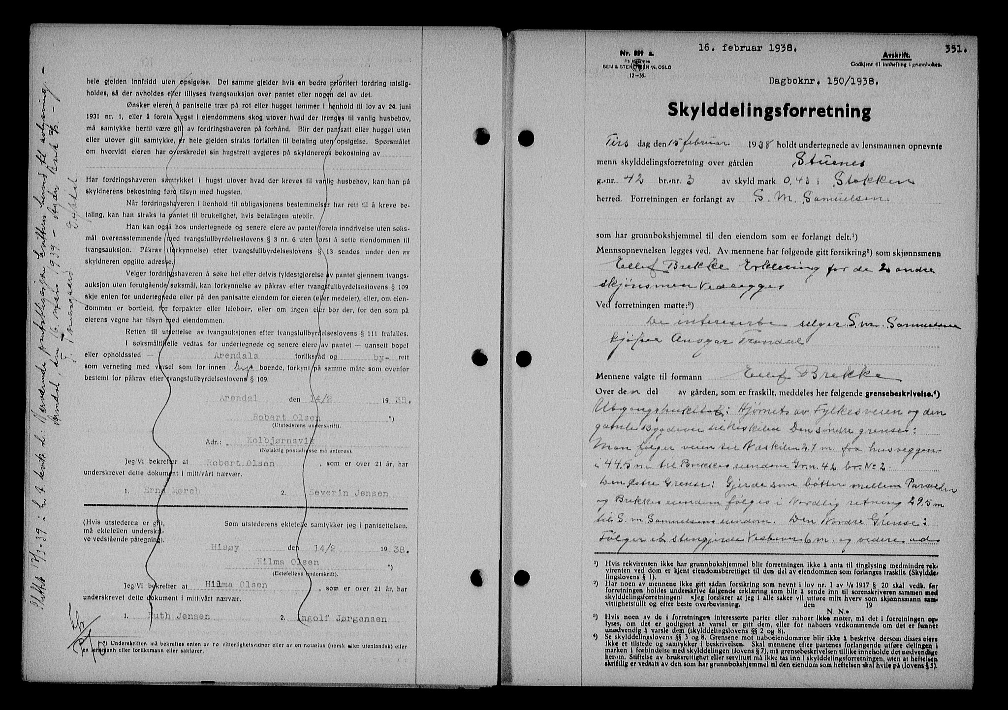 Nedenes sorenskriveri, AV/SAK-1221-0006/G/Gb/Gba/L0044: Mortgage book no. 40, 1937-1938, Diary no: : 150/1938