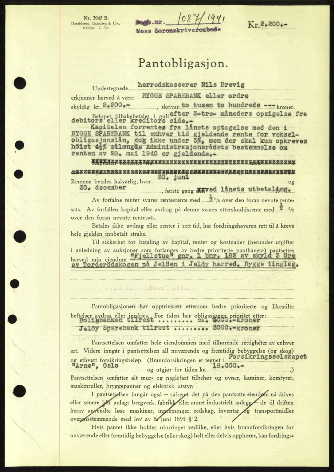 Moss sorenskriveri, SAO/A-10168: Mortgage book no. B10, 1940-1941, Diary no: : 1087/1941