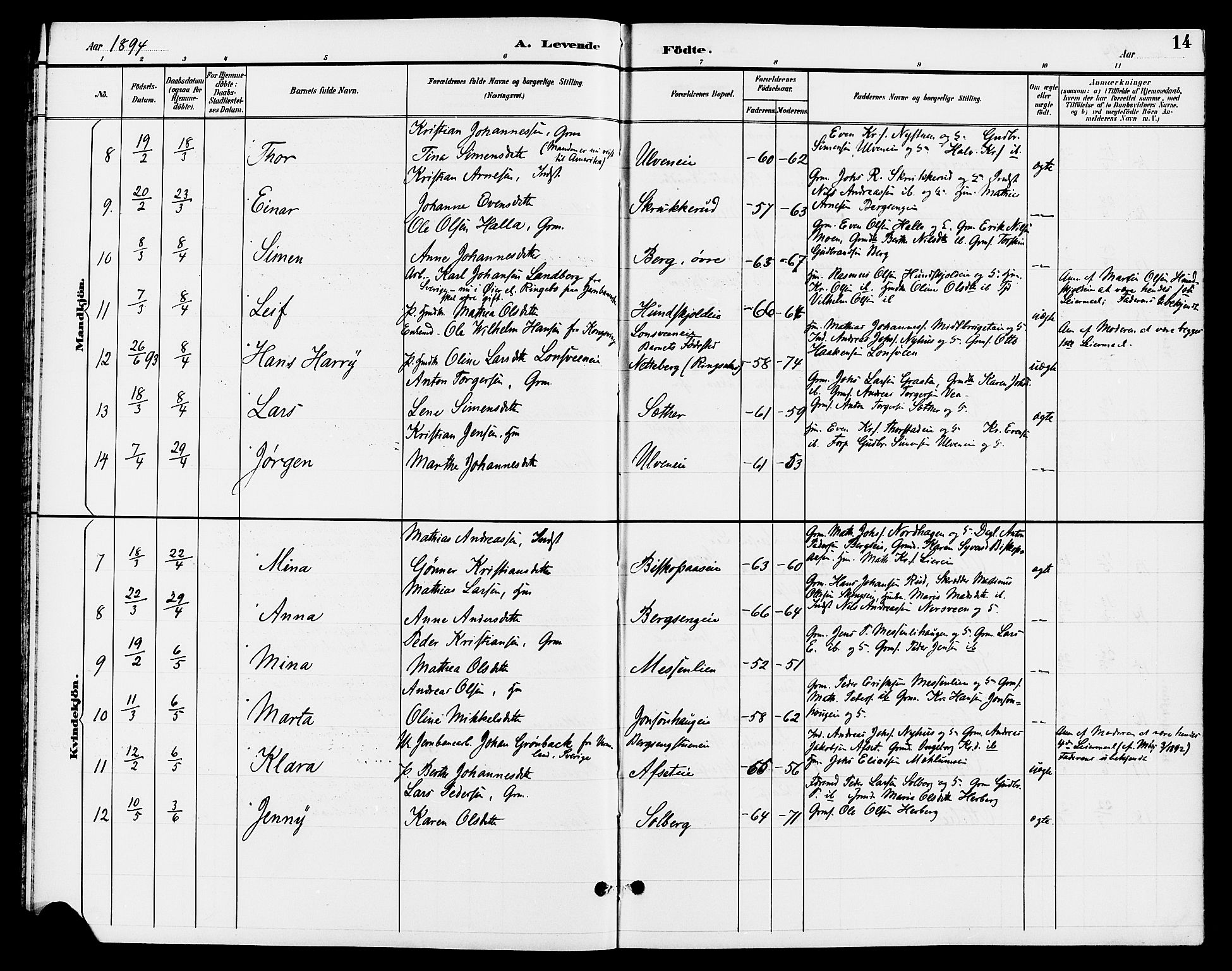 Ringsaker prestekontor, SAH/PREST-014/L/La/L0013: Parish register (copy) no. 13, 1891-1904, p. 14