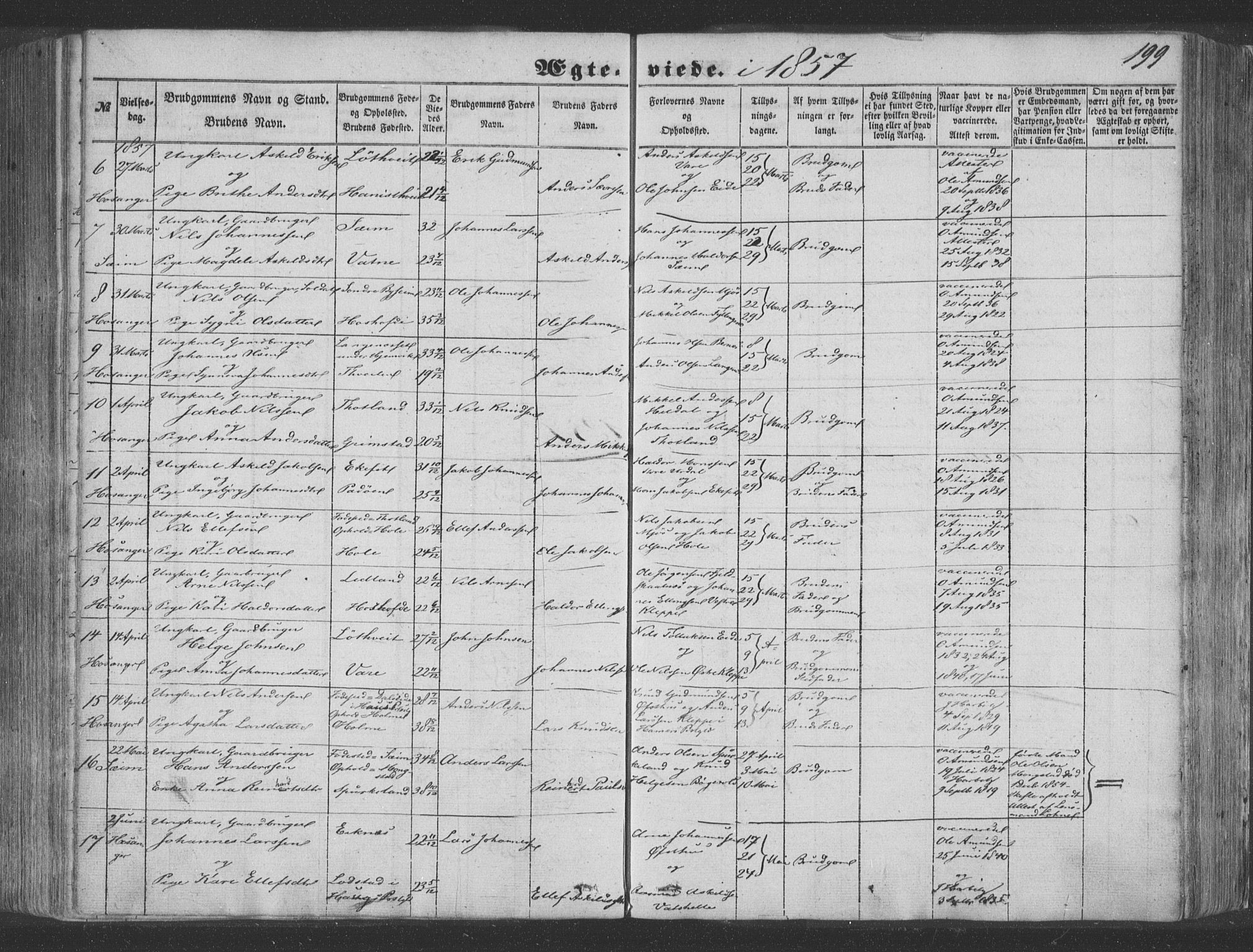 Hosanger sokneprestembete, SAB/A-75801/H/Haa: Parish register (official) no. A 8, 1849-1863, p. 199