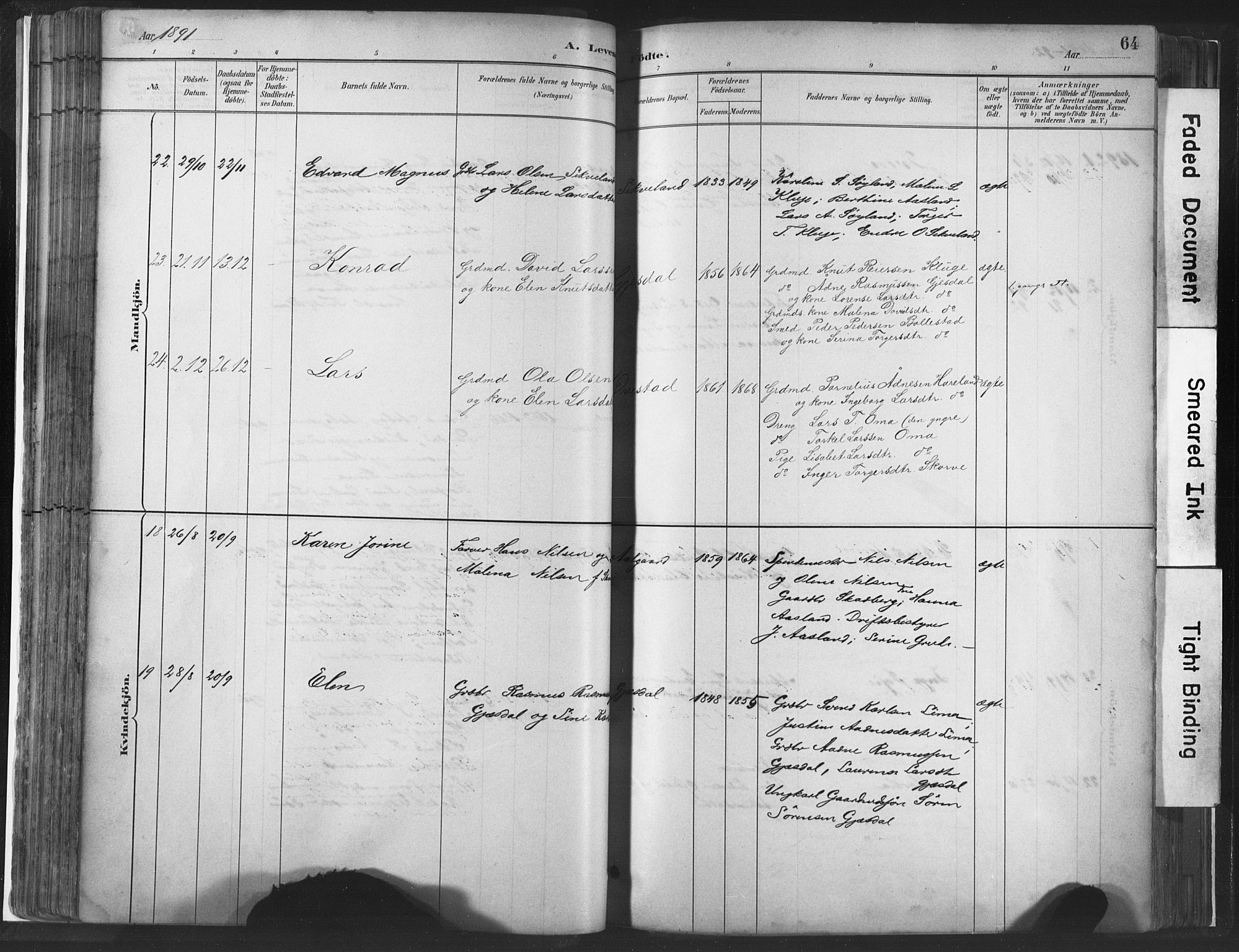 Lye sokneprestkontor, AV/SAST-A-101794/001/30BA/L0010: Parish register (official) no. A 10, 1881-1896, p. 64