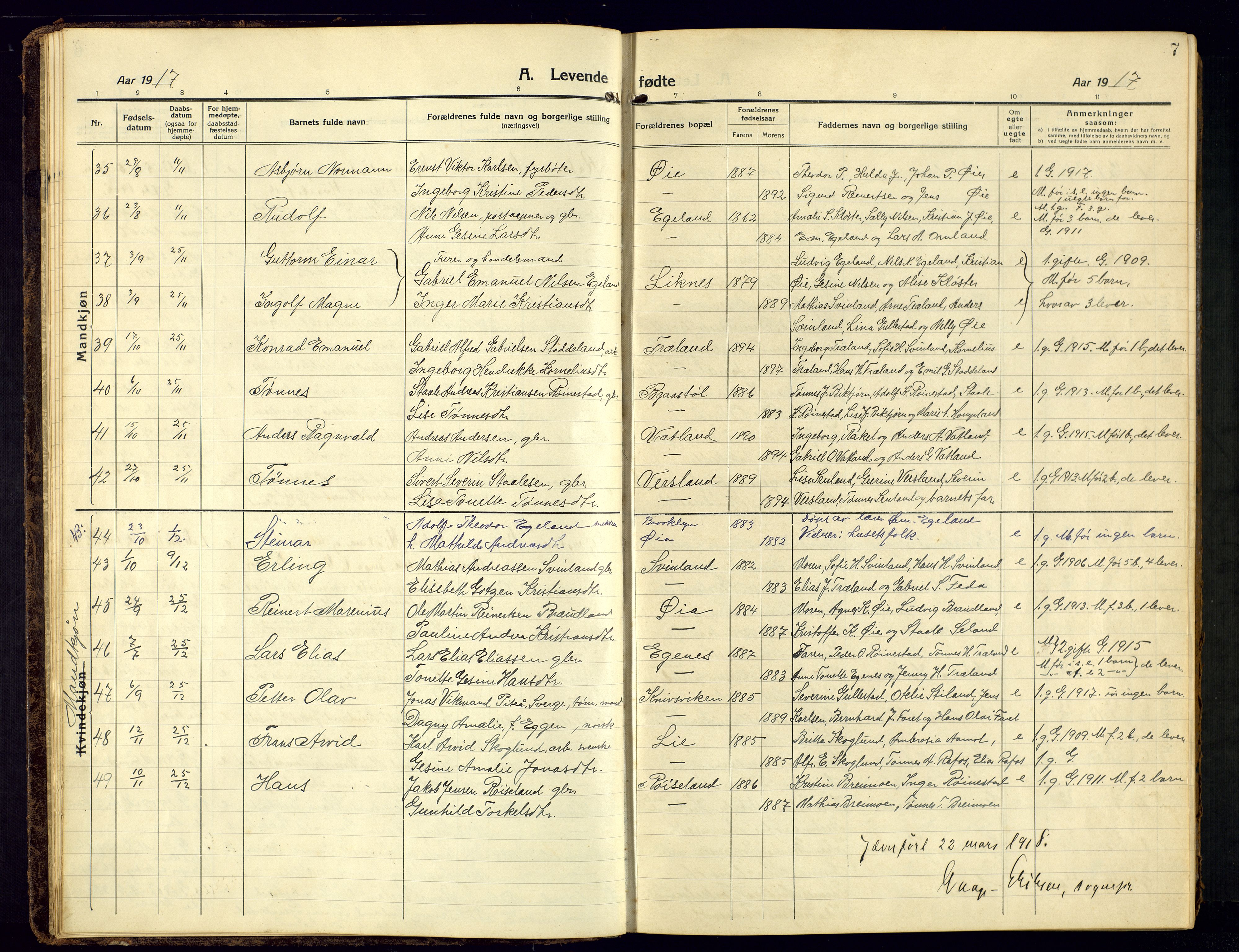 Kvinesdal sokneprestkontor, SAK/1111-0026/F/Fb/Fbb/L0004: Parish register (copy) no. B 4, 1917-1938, p. 7